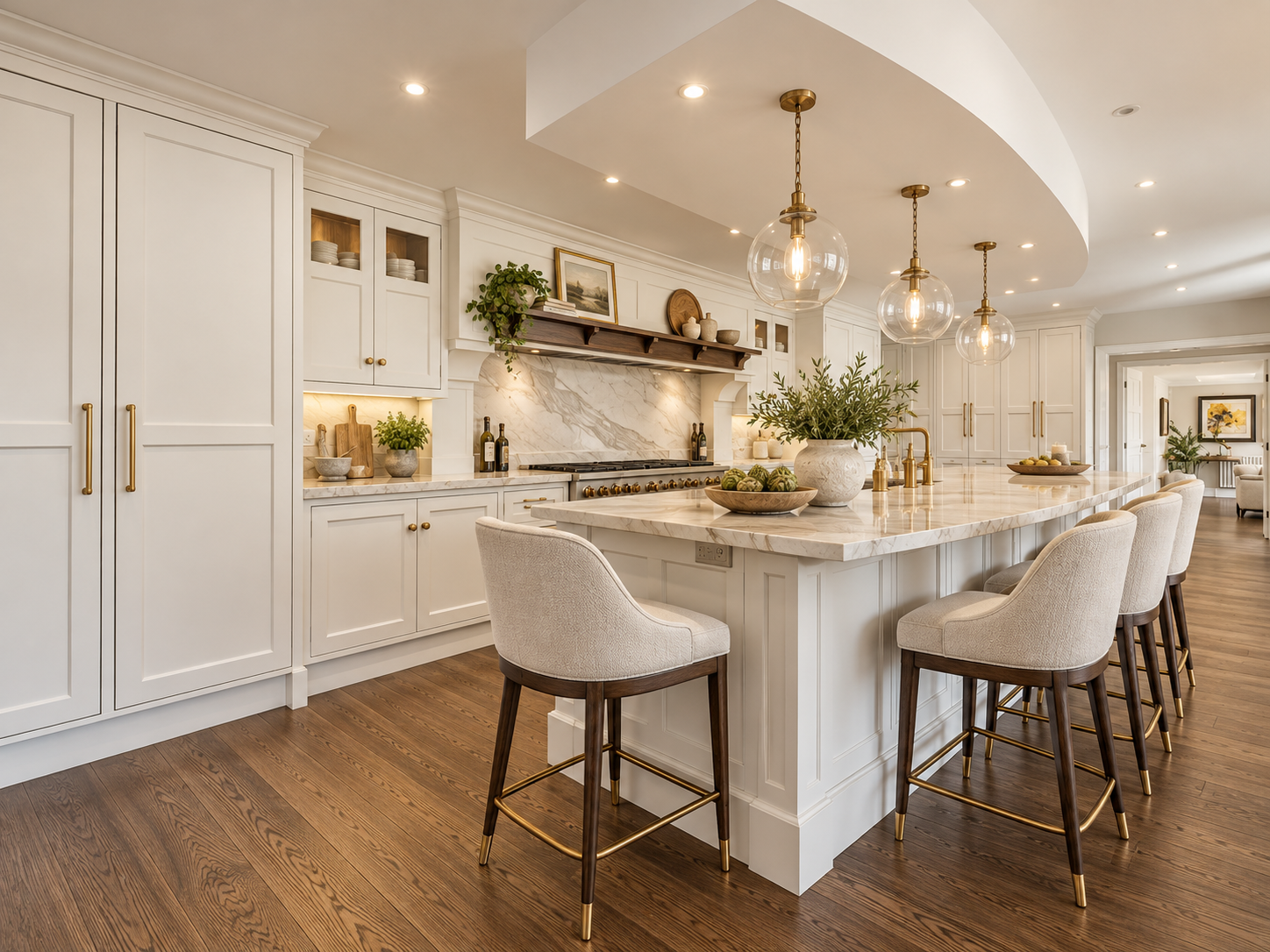 
Kitchen — Bespoke luxury kitchen with marble worktops, generous island seating and elegant pendant lighting.
