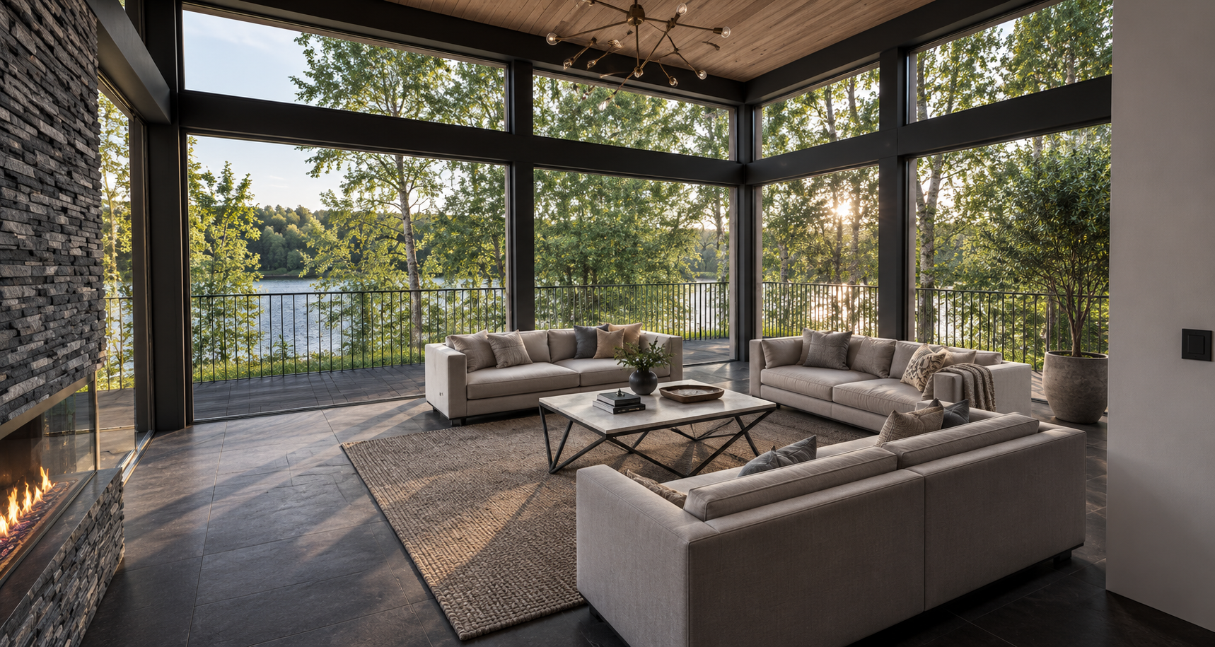 Lakeside Corporate Retreat, Windermere — Lounge with Natural Stone Fireplace — interior visualisation of the planning-approved corporate retreat, featuring a contemporary lounge with a natural stone feature fireplace, generous seating and floor-to-ce