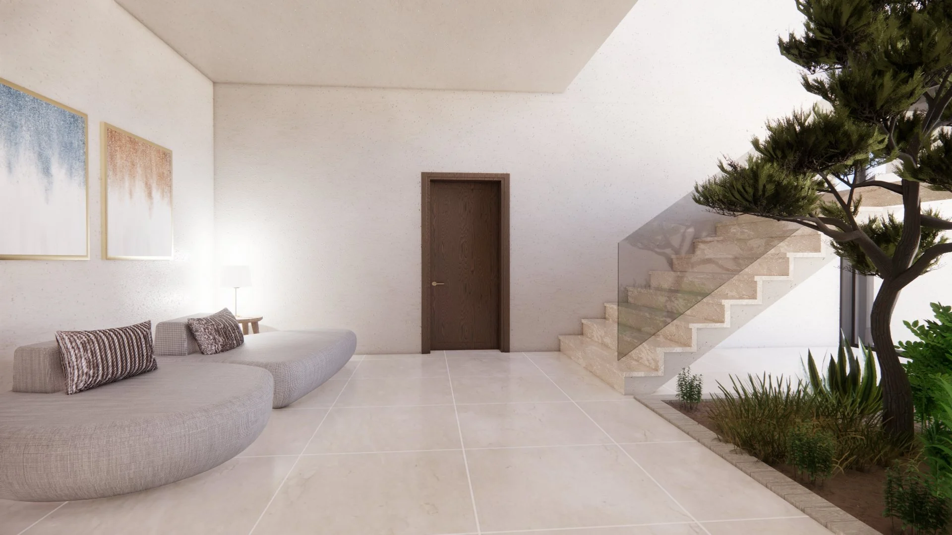 Contemporary stair lobby featuring a sculptural staircase with glass balustrade, curved lounge seating, natural stone finishes and an internal landscaped courtyard.