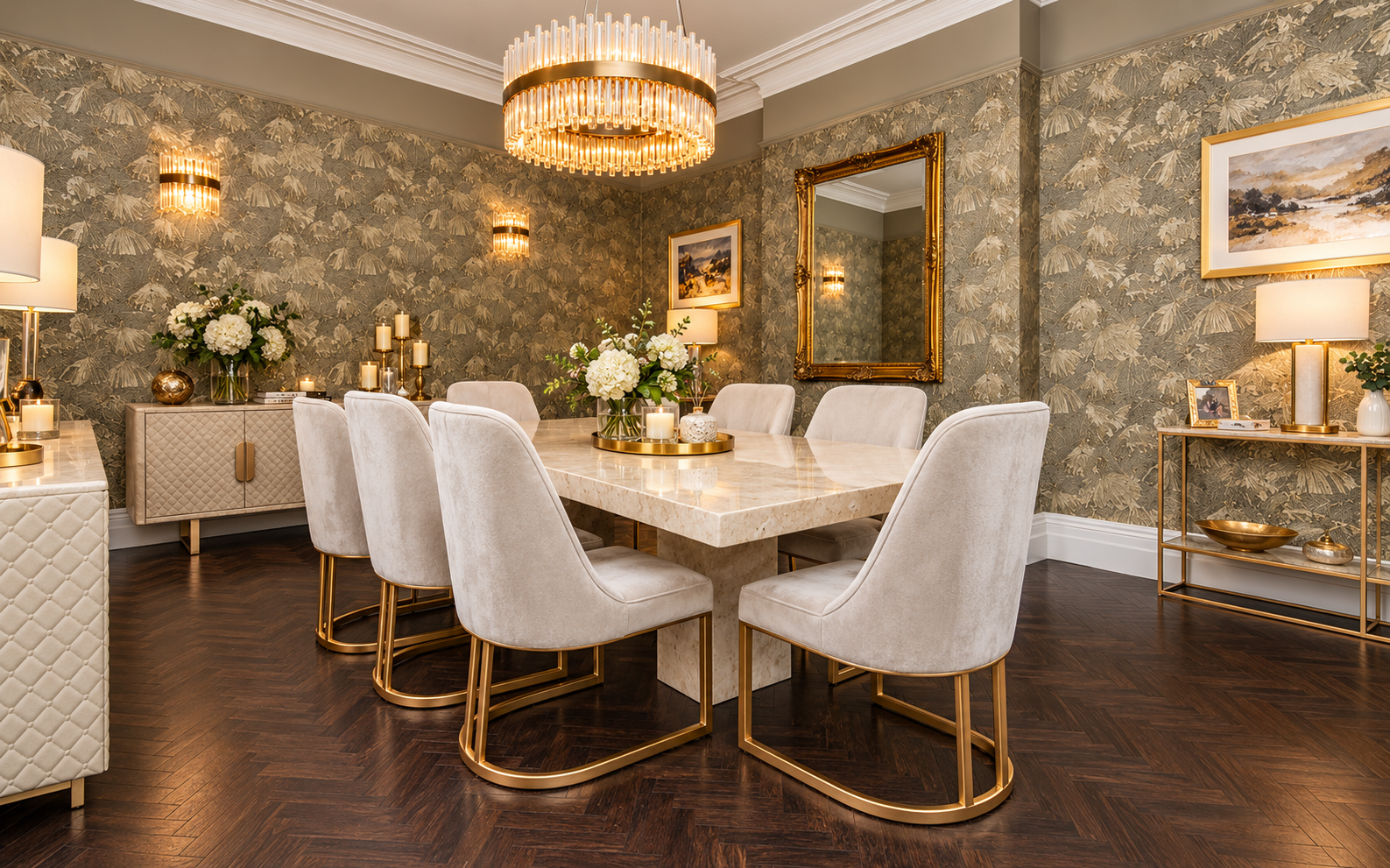 Dining Room — Sophisticated formal dining room with feature wall coverings, bespoke lighting and carefully coordinated luxury interiors.