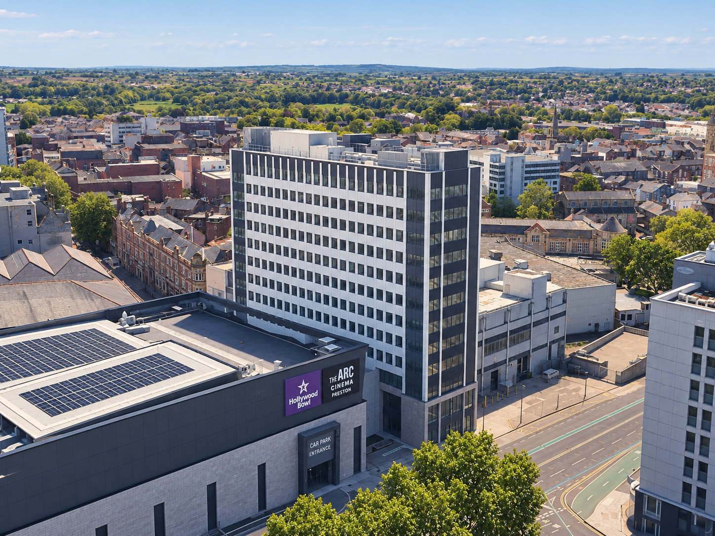 Limehouse, Preston, Lancashire — aerial view of the former office building converted into student accommodation.