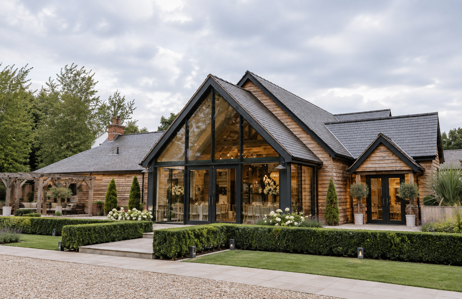 River Barns Wedding Venue, formerly Mains Hall, Lancashire — comprehensive renovation, extension and interior design of a historic rural property to create a distinctive countryside wedding and events venue. The architectural scheme combines contempo