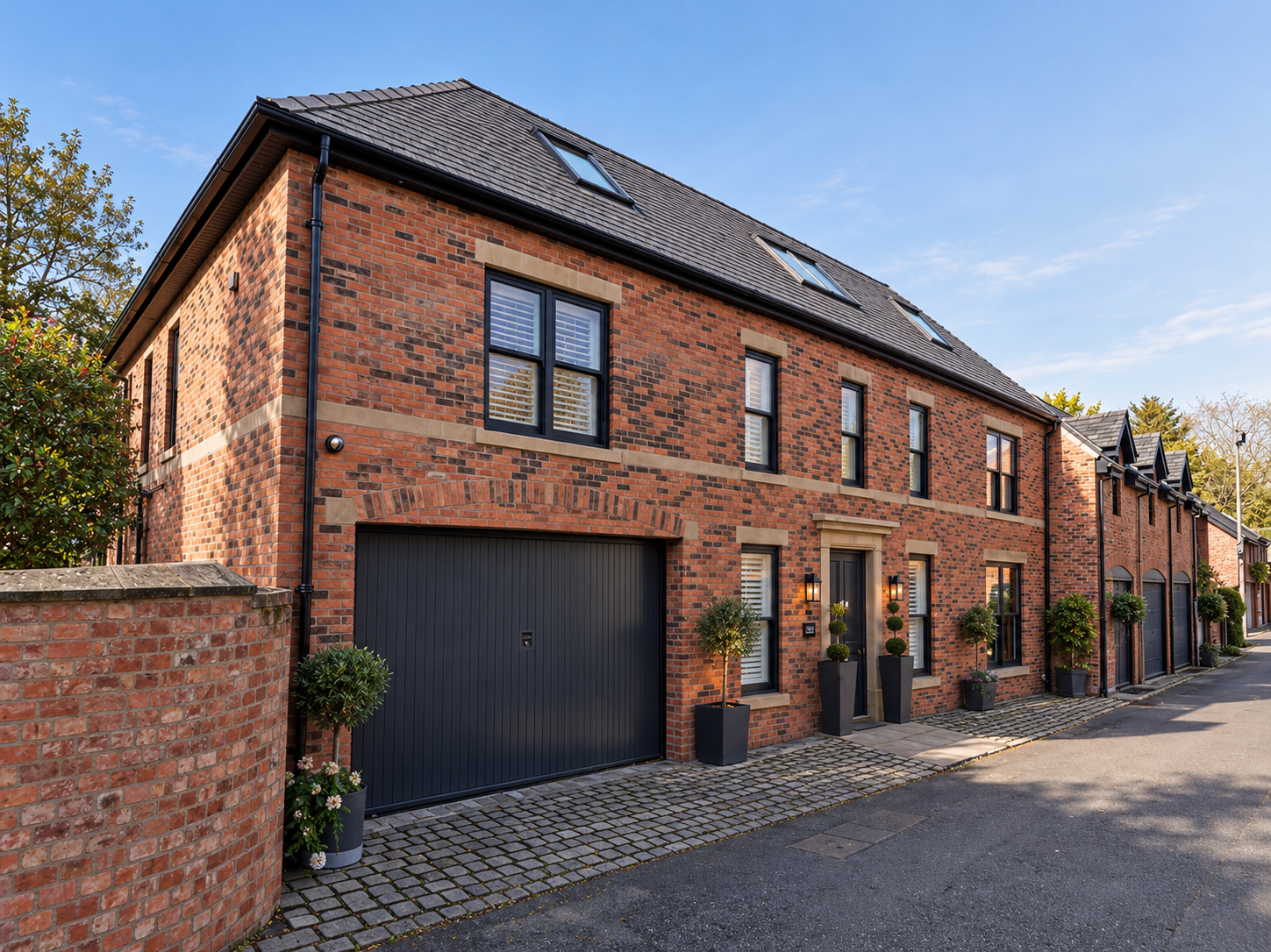 Street Perspective — Oblique view of the Coach House showing its traditional brick architecture, slate roof, rooflights and integrated garaging.