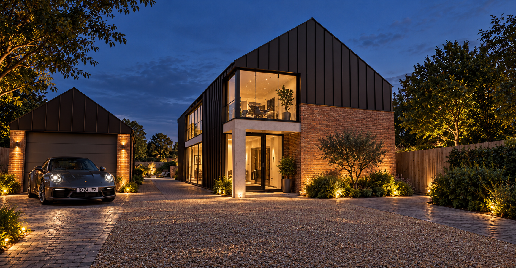Fir Tree Barn, Ballam Road, Lytham — Front Elevation at Dusk — evening architectural visualisation of the planning-approved contemporary replacement dwelling, featuring dramatic double-height glazing, dark standing-seam cladding, natural brickwork an