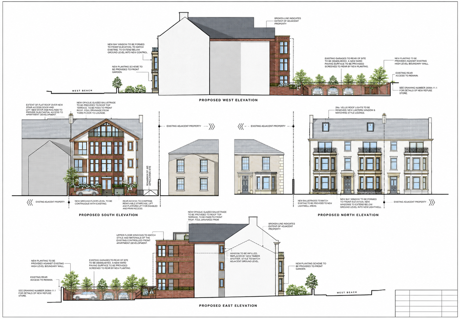6 West Beach, Lytham, Lancashire — original architectural planning drawings prepared by Joel Firth, illustrating the proposed elevations and residential apartment conversion, including contemporary rear extensions and alterations to the historic seaf