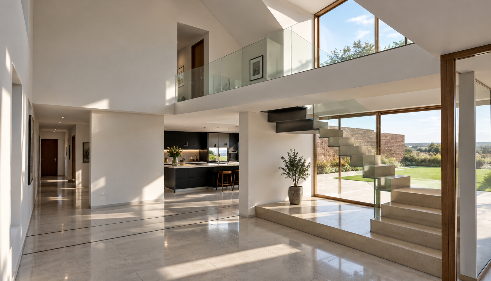 Double-height annexe interior featuring a floating staircase, glazed mezzanine gallery, expansive garden-facing windows and contemporary open-plan living spaces.