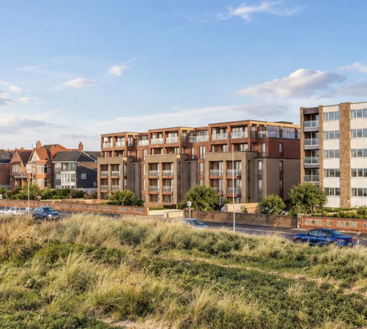 Lytham St Annes Promenade — apartment development designed by Chartered Architect Joel Firth. The residential regeneration scheme introduces contemporary seafront apartments within the established promenade townscape, using carefully scaled building 