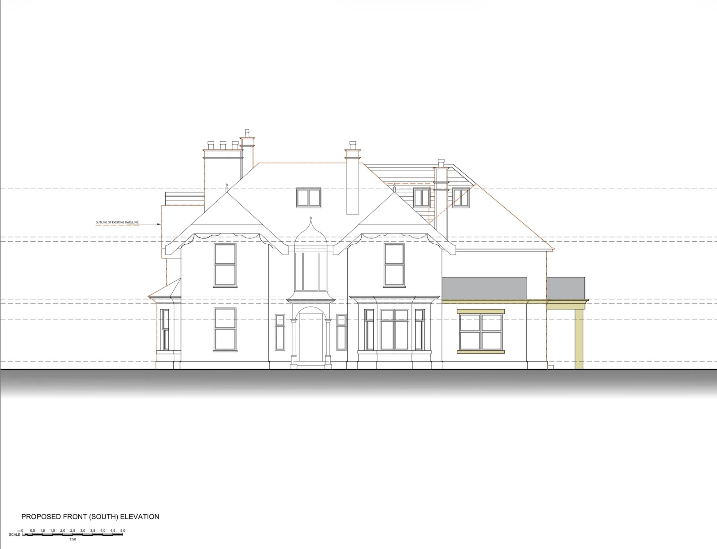 Thirlmere, Moss House Lane, Wrea Green, Lancashire — Proposed Front Elevation — Architectural planning drawing illustrating the remodelling and extension of a historic country residence, retaining its traditional gabled character while introducing co