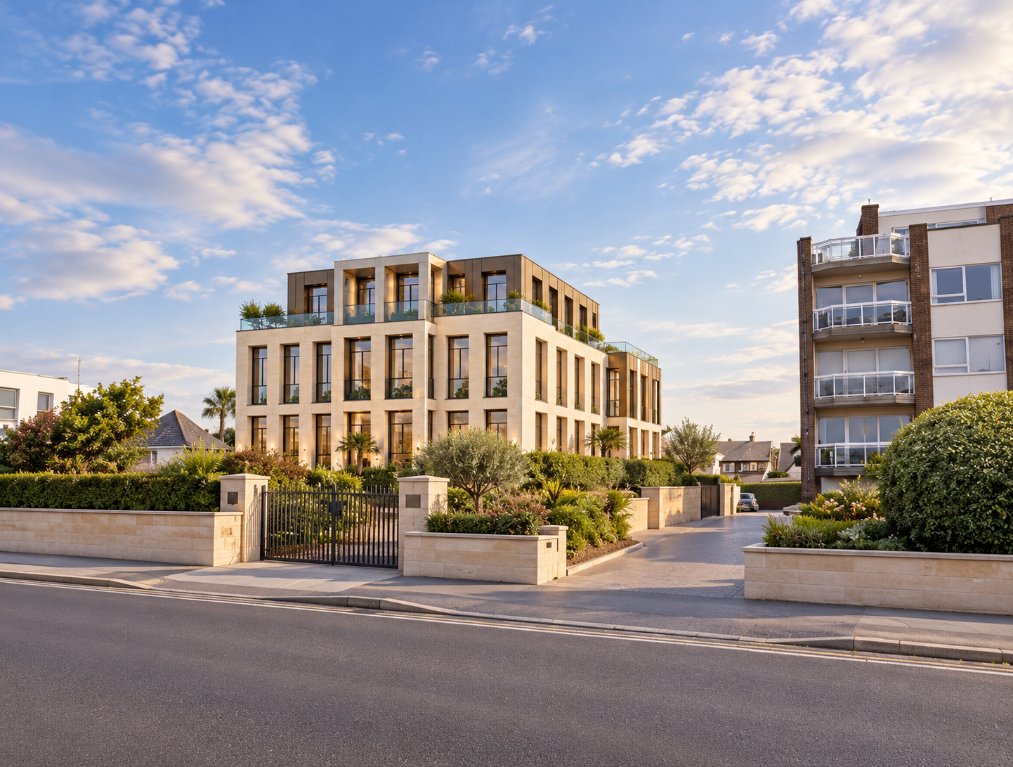 North Promenade, St Annes, Lancashire — Contemporary Apartments — Architectural design for a luxury apartment development overlooking the seafront, featuring elegant stone façades, full-height glazing, private roof terraces and contemporary penthouse