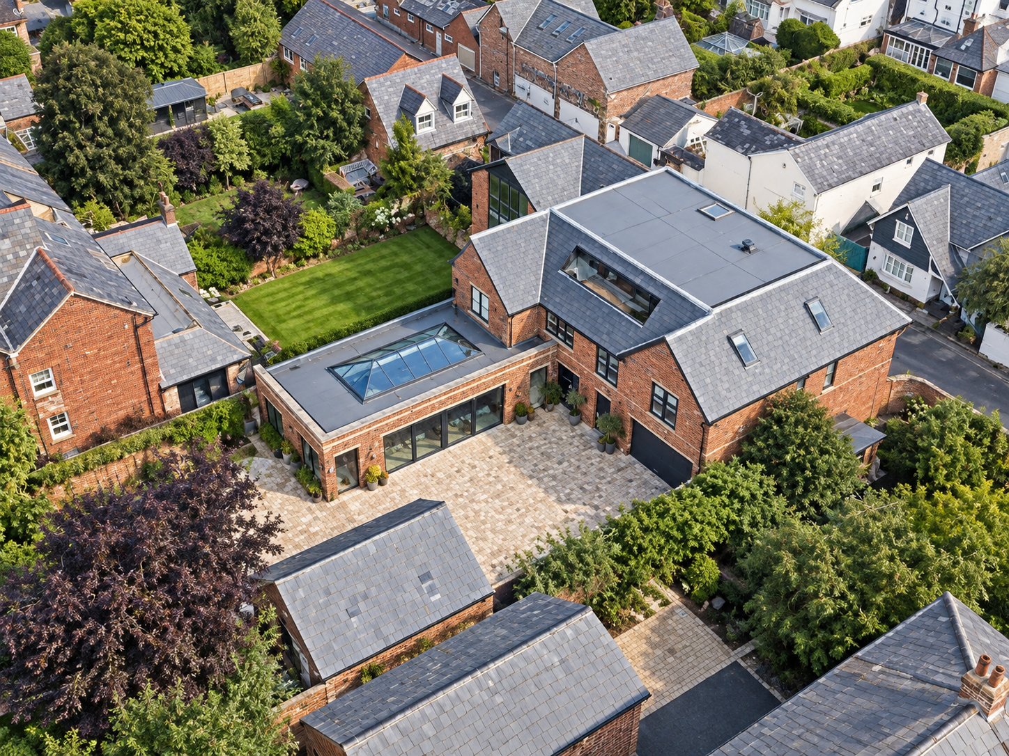 Aerial perspective illustrating the arrangement of the main residence, contemporary extensions, private courtyard and landscaped gardens.