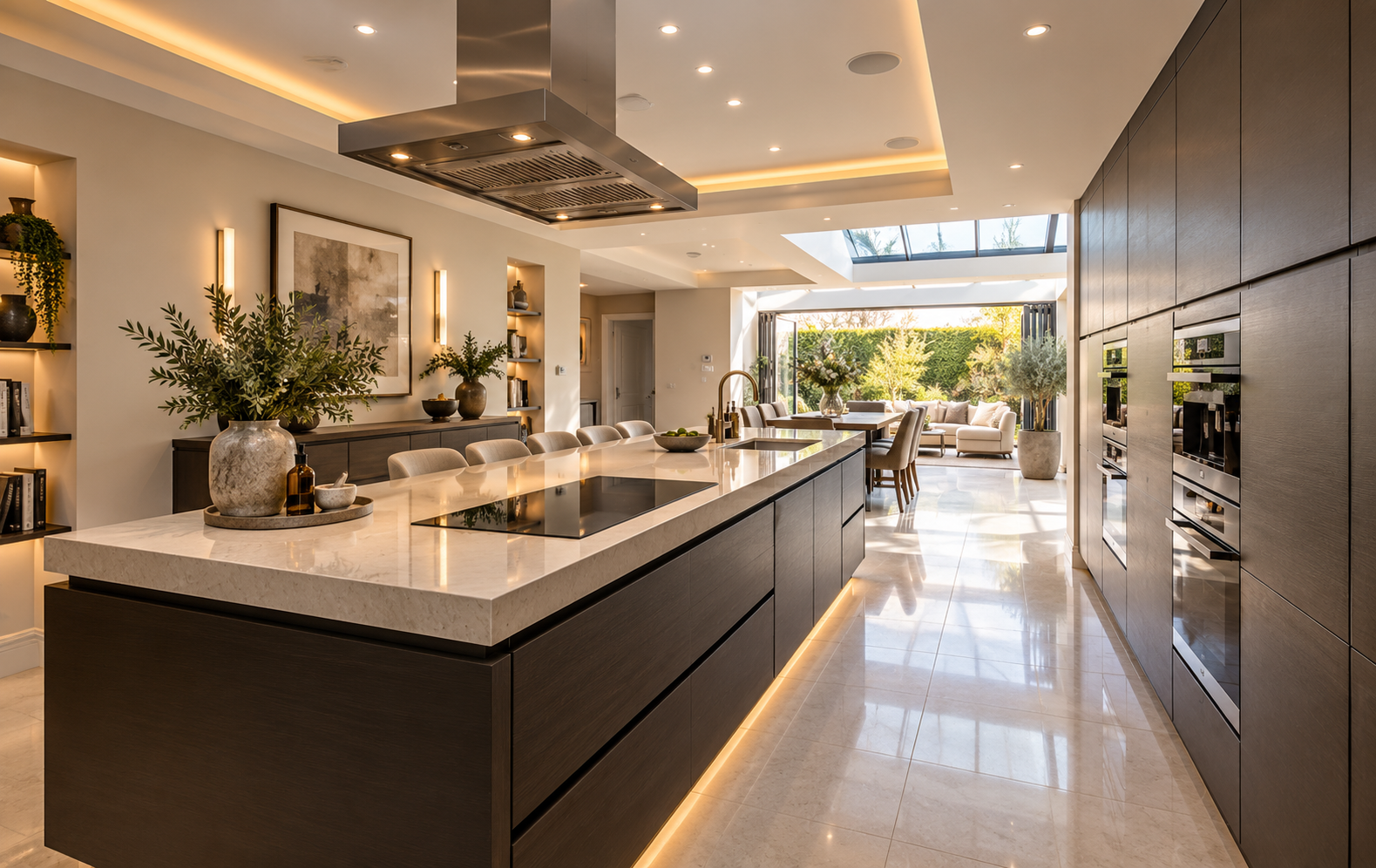 Contemporary kitchen at 10 West Beach, Lytham, featuring a large central island, bespoke dark cabinetry, integrated appliances and recessed lighting, opening into a light-filled garden dining area.