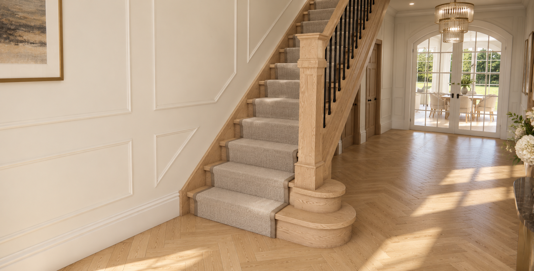 Elegant entrance hall in a Georgian-style luxury home, featuring a traditional timber staircase, decorative wall panelling, oak flooring and glazed doors overlooking the garden.