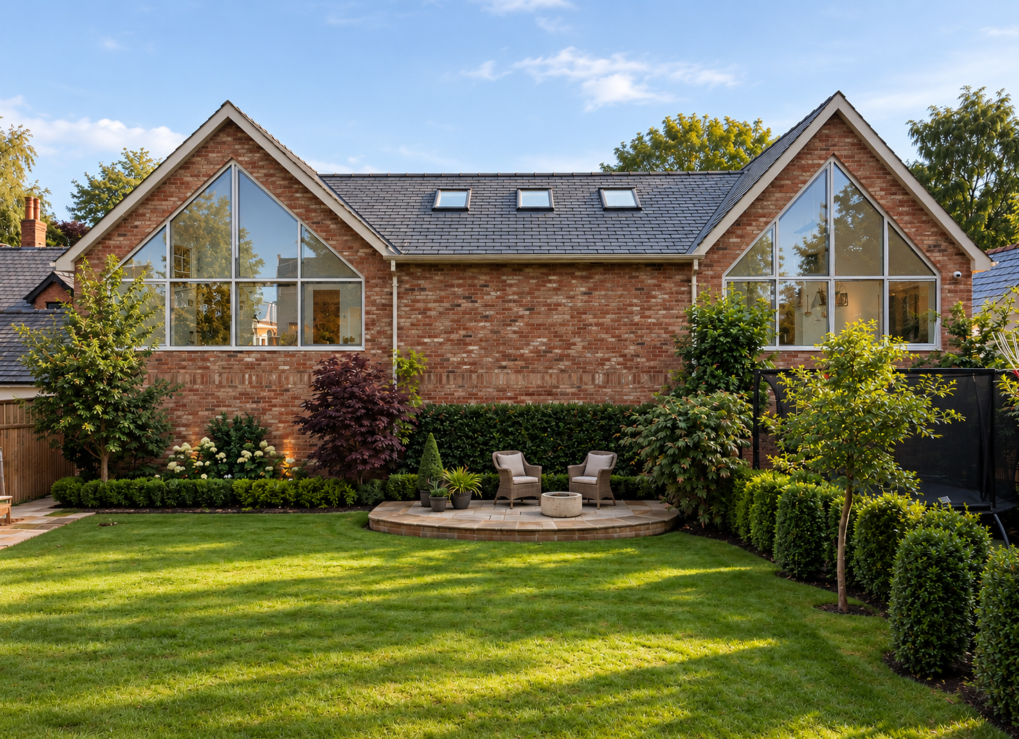 Garage and Pool Annexe — Contemporary red-brick annexe with twin glazed gables, overlooking the private landscaped garden.