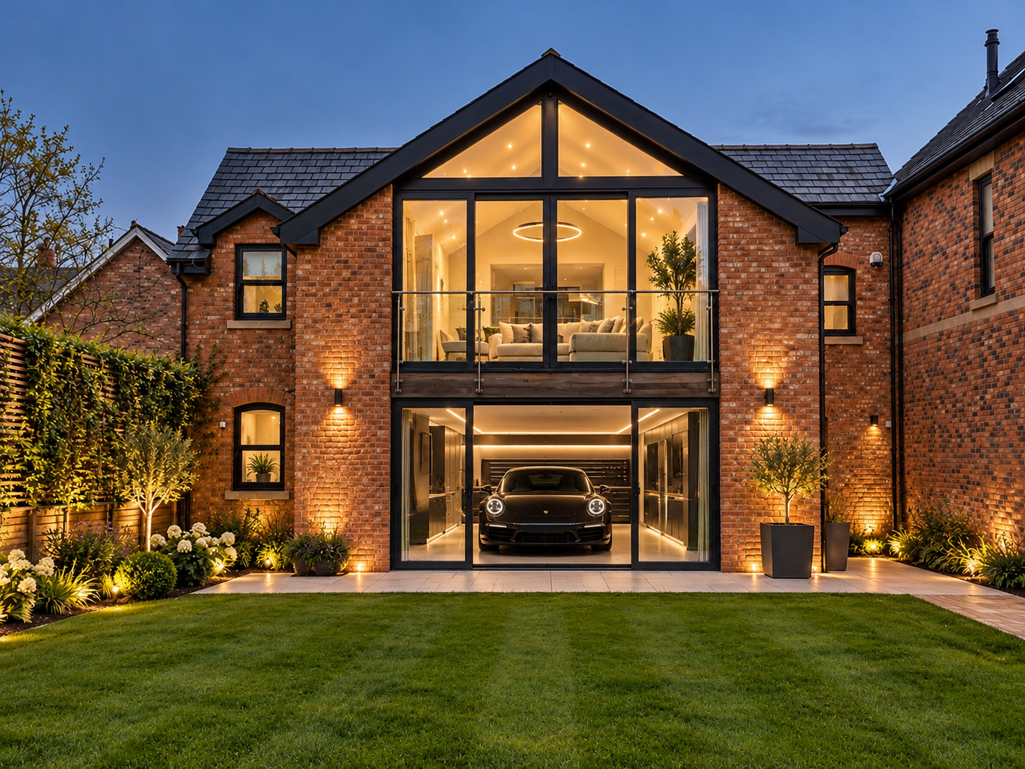 19 Seafield Road, Lytham — Swainson Street Annexe. Contemporary two-storey brick annexe incorporating a luxury garage at ground level and guest accommodation above, featuring a dramatic glazed gable, private balcony and architectural lighting.