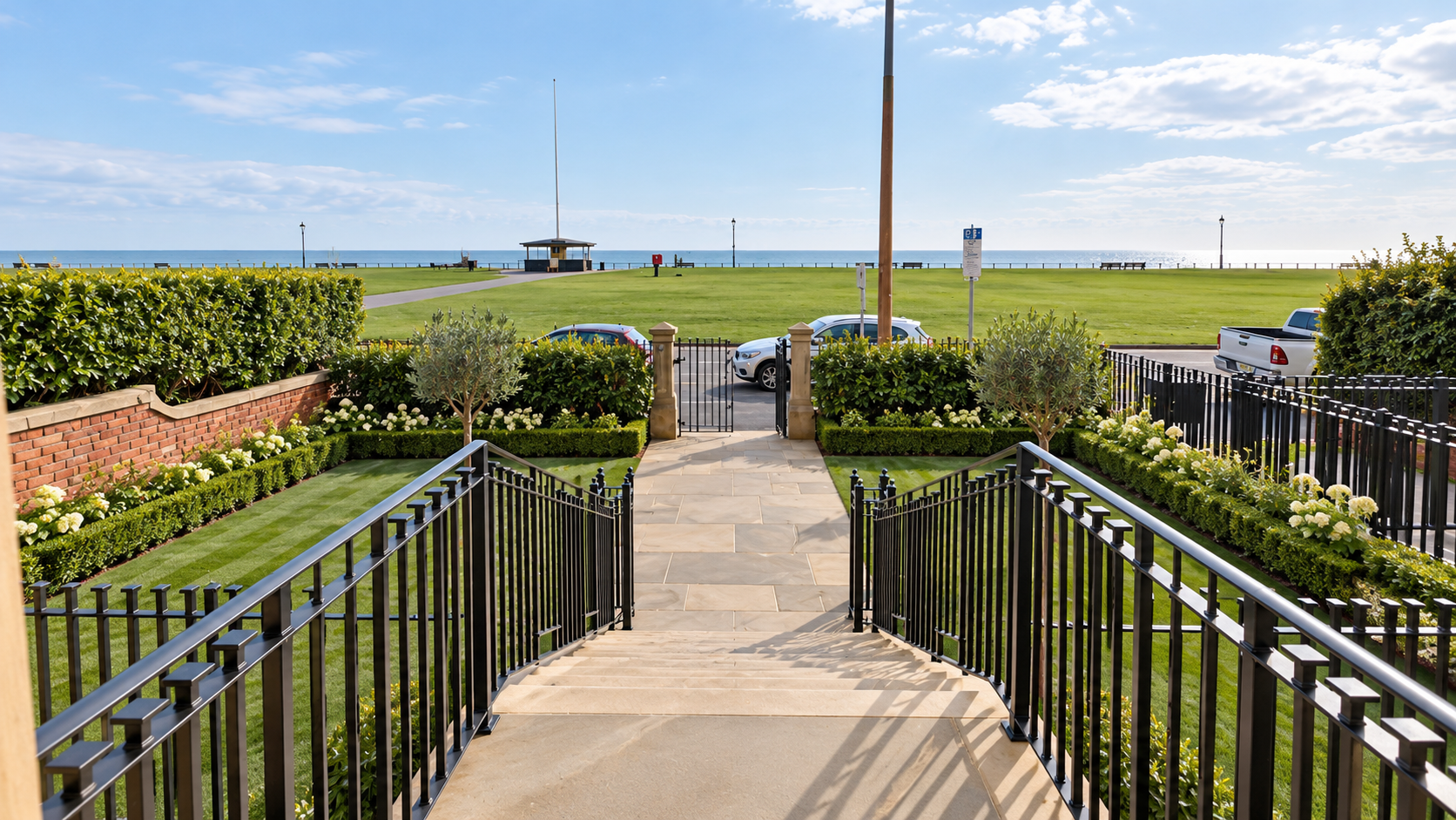 6 West Beach, Lytham, Lancashire — view across the landscaped front gardens towards Lytham Green and the Ribble Estuary, highlighting the exceptional waterfront setting of the residential apartment development.
