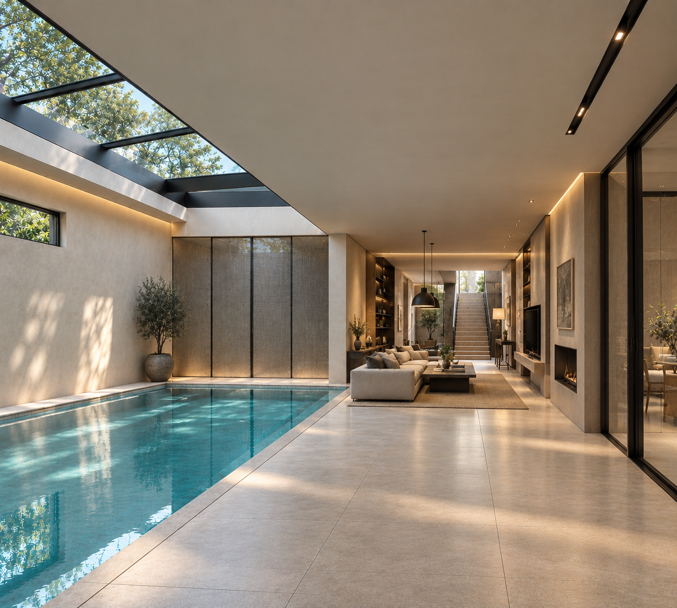 Eden House, Eden Avenue, Lytham — luxury indoor swimming pool and private spa featuring contemporary architectural design, natural stone finishes, expansive roof glazing and an adjoining relaxation lounge.