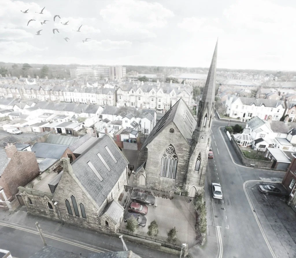 Church conversion on Bannister Street, Lytham St Annes, Lancashire, by Chartered Architect Joel Firth. The residential conversion sensitively transforms the historic church and adjoining buildings into contemporary homes while retaining the distincti