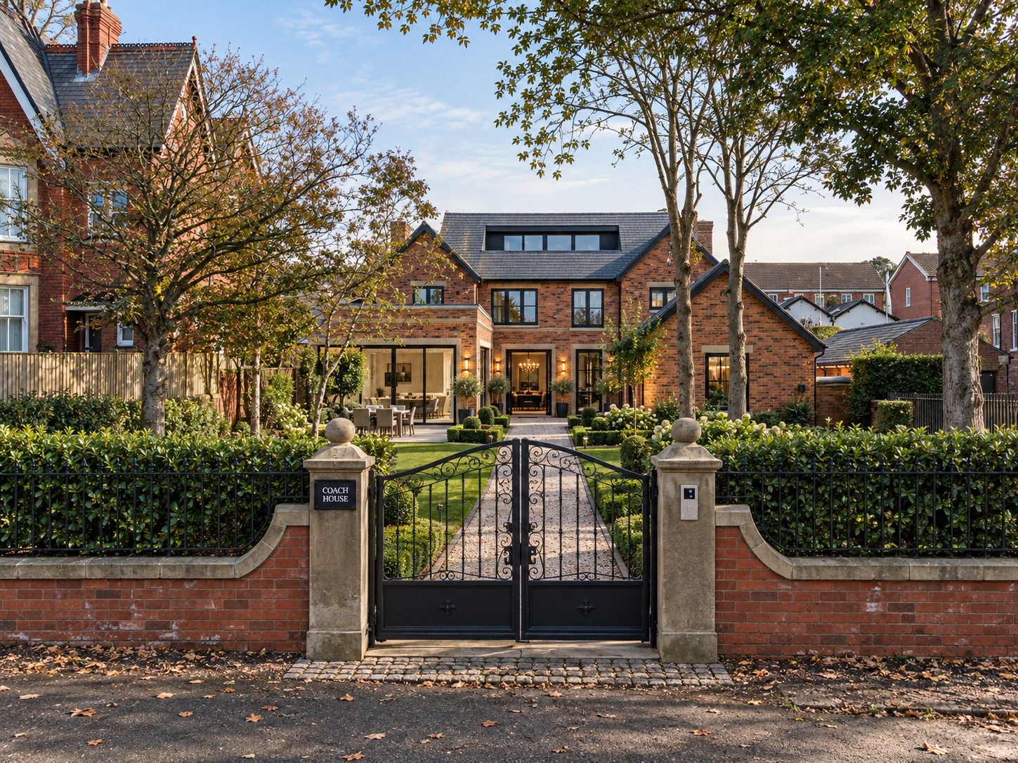View from the gated garden entrance towards the extended residence, featuring contemporary glazing, landscaped grounds and a strong connection between indoor and outdoor living\.