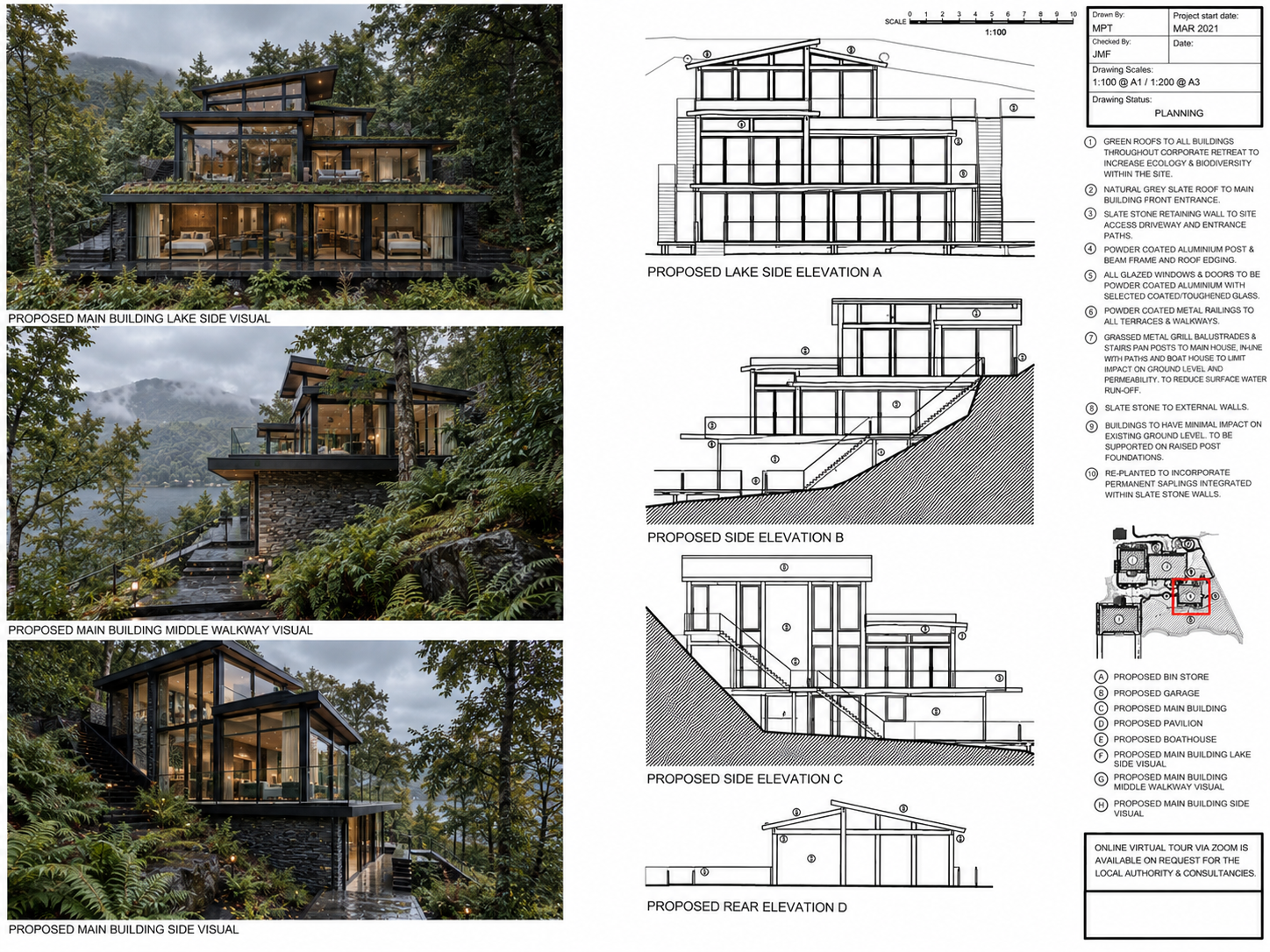Lakeside Corporate Retreat, Windermere — Main Building Architectural Design — planning-approved contemporary development overlooking Lake Windermere, illustrated through architectural elevations and exterior visualisations. The multi-level design res