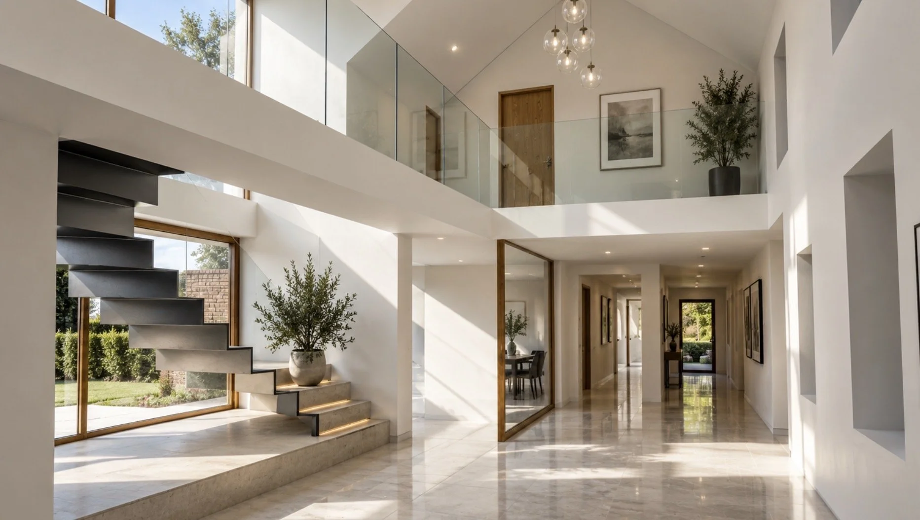Ivy House Annexe, Central Beach, Lytham — contemporary double-height entrance hallway featuring a sculptural floating staircase, mezzanine gallery with glass balustrading, natural stone flooring and expansive glazing overlooking the gardens.