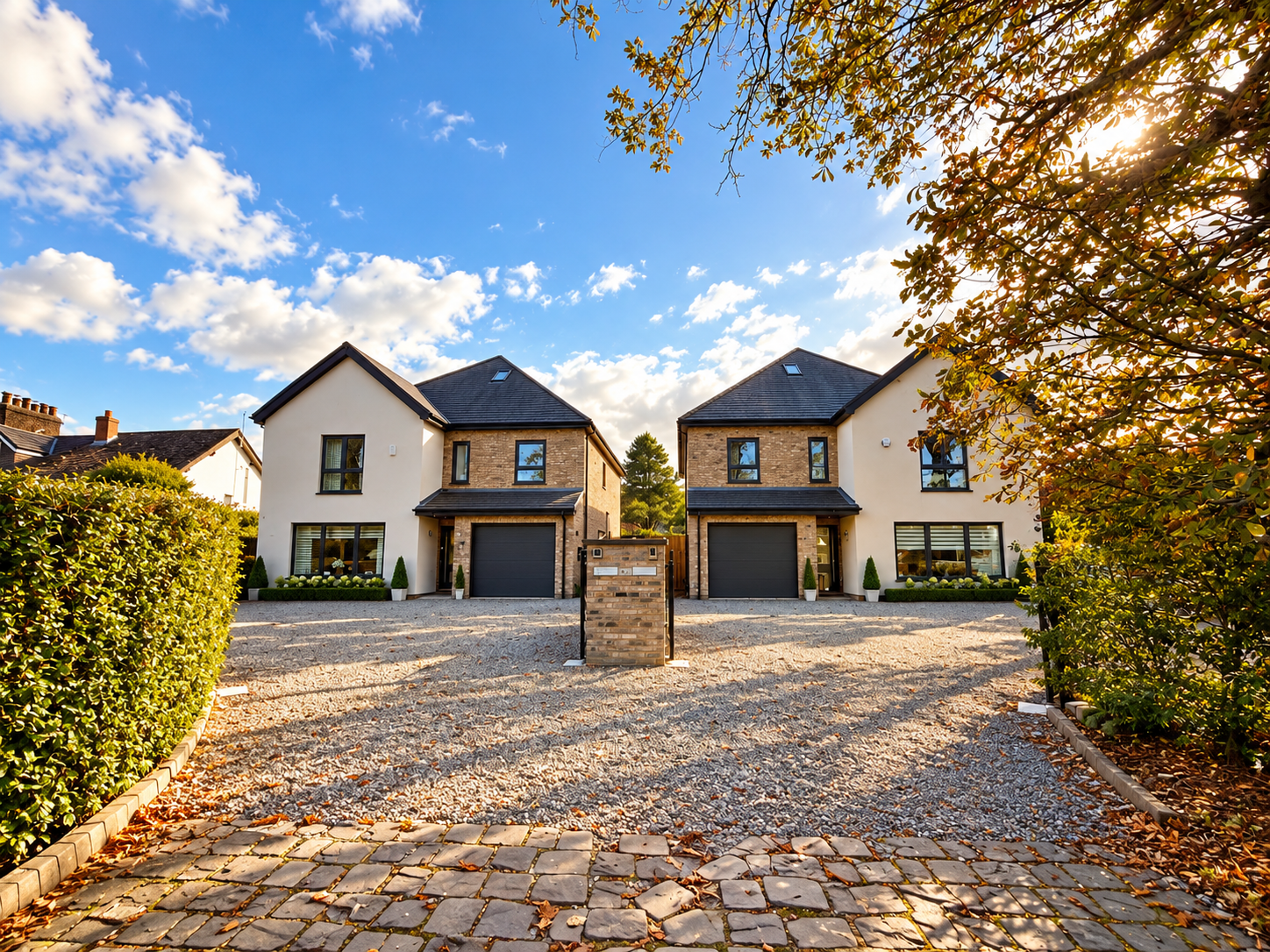 Ribby Road, Wrea Green, Lancashire — two bespoke new-build eco homes designed by Chartered Architect Joel Firth, incorporating super-insulated timber-frame construction, triple glazing, air-source heat pumps and MVHR systems.