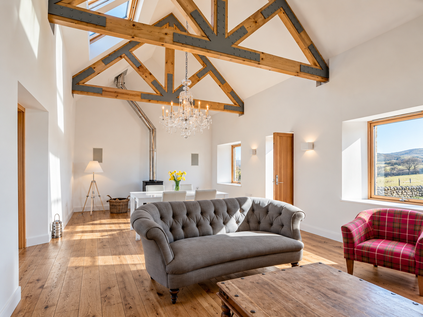Contemporary living and dining space with vaulted ceilings, statement lighting and coastal views.
