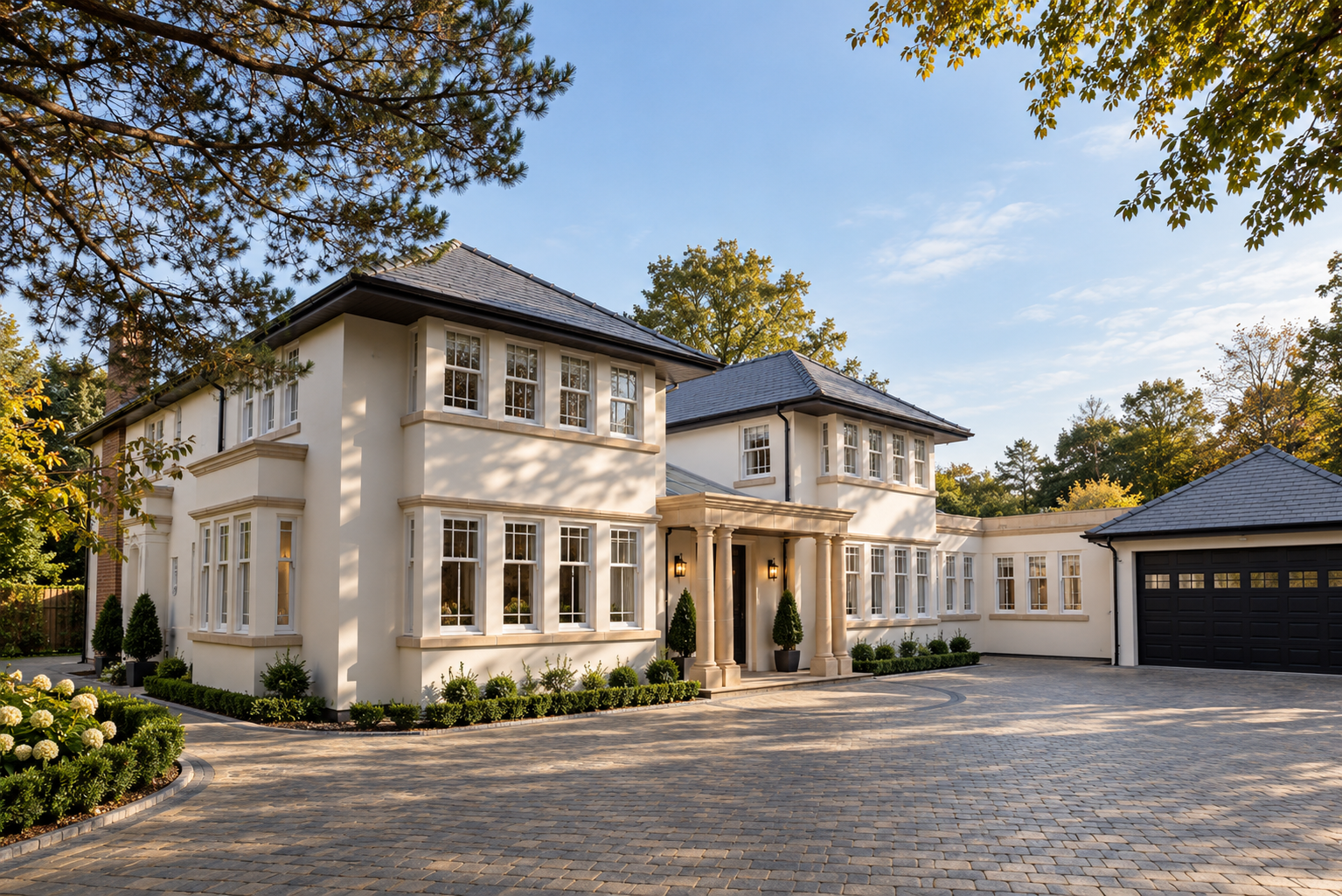 Applegarth — luxury residential renovation and extension designed by Chartered Architect Joel Firth. The elegant country house combines traditional architectural detailing, rendered façades, generous bay windows and a substantial entrance courtyard w