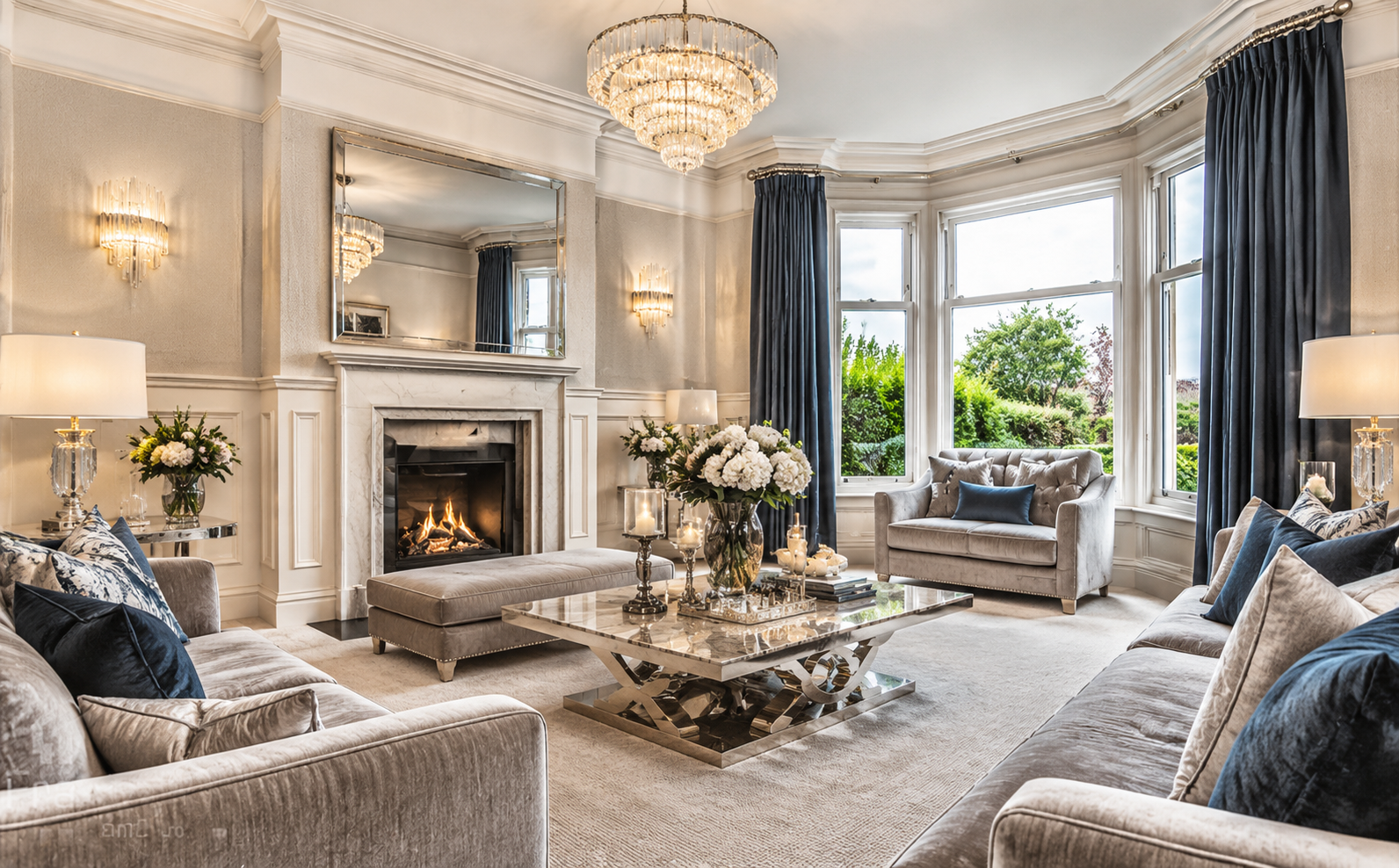 Formal Lounge — Luxurious reception room featuring a traditional fireplace, decorative plasterwork, statement chandelier and elegant bay window.