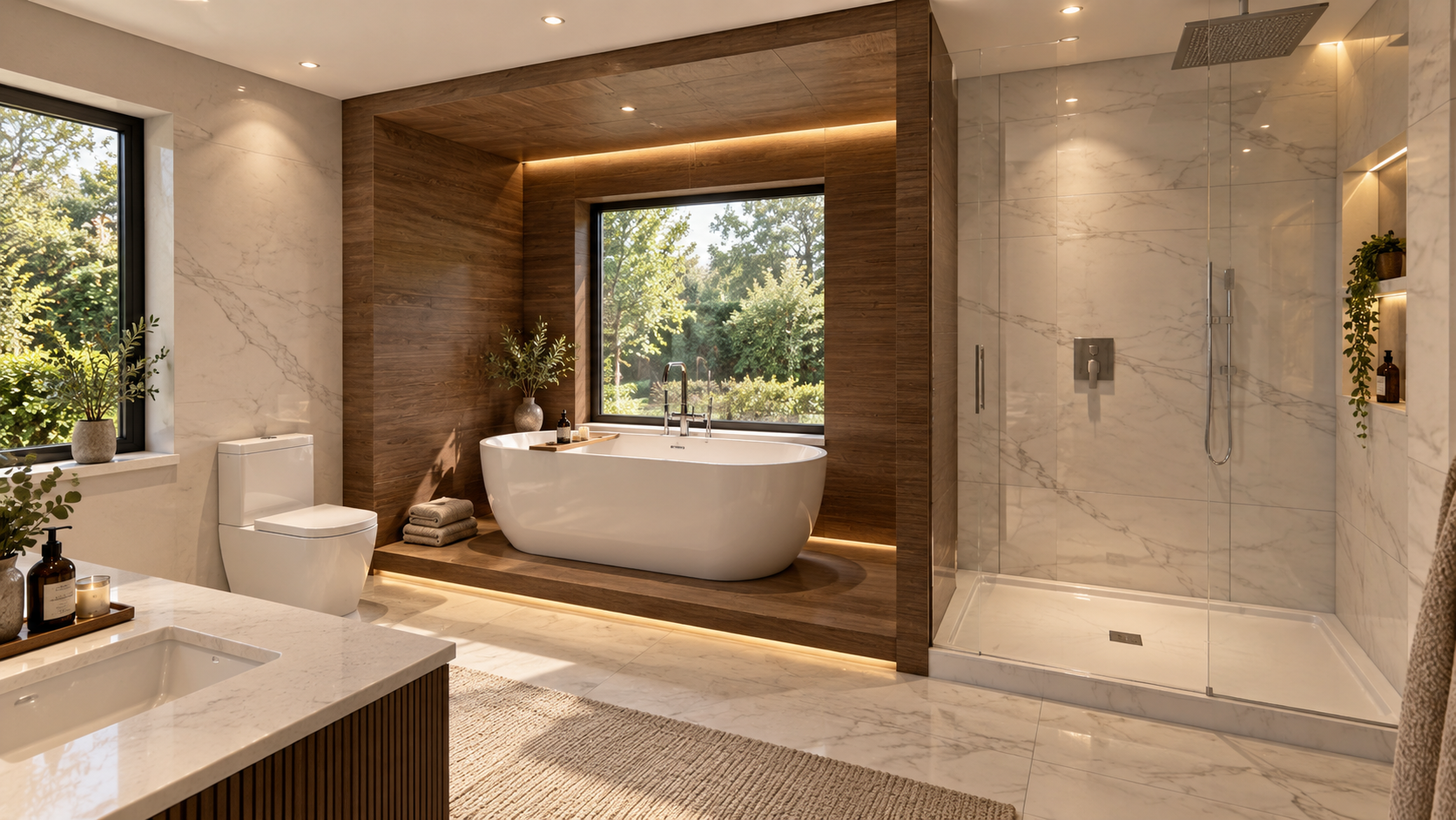 Luxury en-suite bathroom featuring a freestanding bath set within a timber-lined alcove, natural marble finishes, a walk-in rainfall shower and subtle architectural lighting.