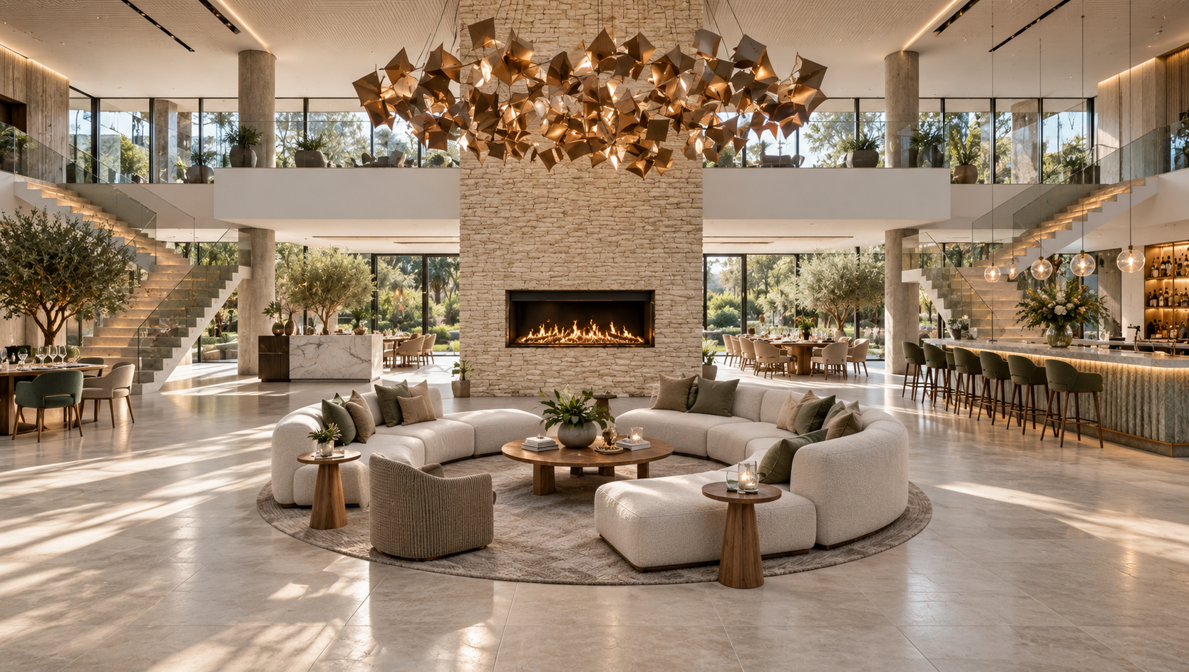 Luxury hotel lobby concept in Lancashire, designed by Chartered Architect and Designer Joel Firth. The dramatic double-height interior combines sculptural feature lighting, contemporary lounge seating, integrated bar and dining areas, and generous op