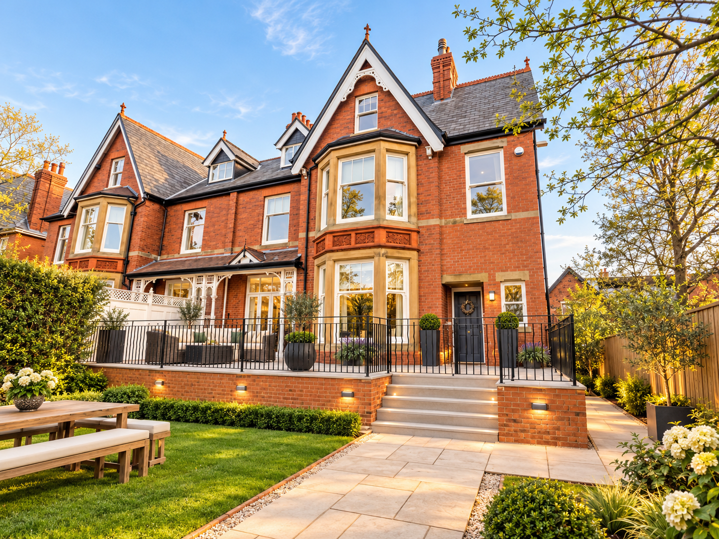 Front Elevation — 19 Seafield Road, Lytham, Lancashire. Complete renovation and extension of a substantial Victorian residence, retaining its distinctive red-brick architecture, decorative gables and bay windows, complemented by contemporary landscap