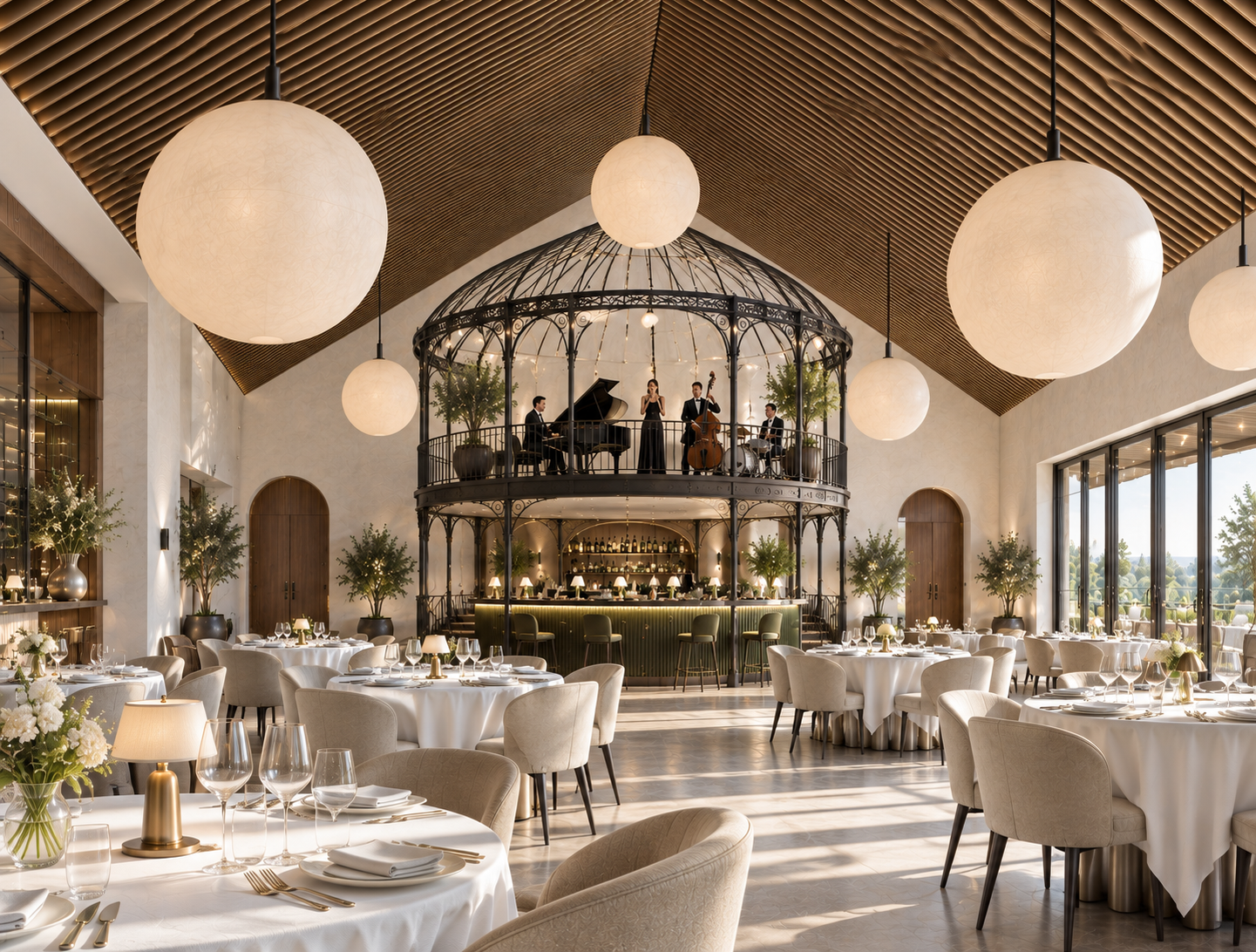 Elegant restaurant and lunchtime dining venue featuring vaulted timber ceilings, contemporary furnishings and a raised cabaret stage for live music and entertainment, creating a distinctive luxury hospitality experience.