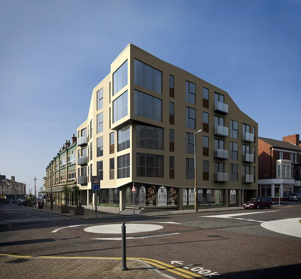Queen Street, Blackpool, Lancashire — major town-centre regeneration concept incorporating contemporary commercial and residential accommodation. The scheme introduces modern architecture, extensive glazing and improved street frontages, contributing