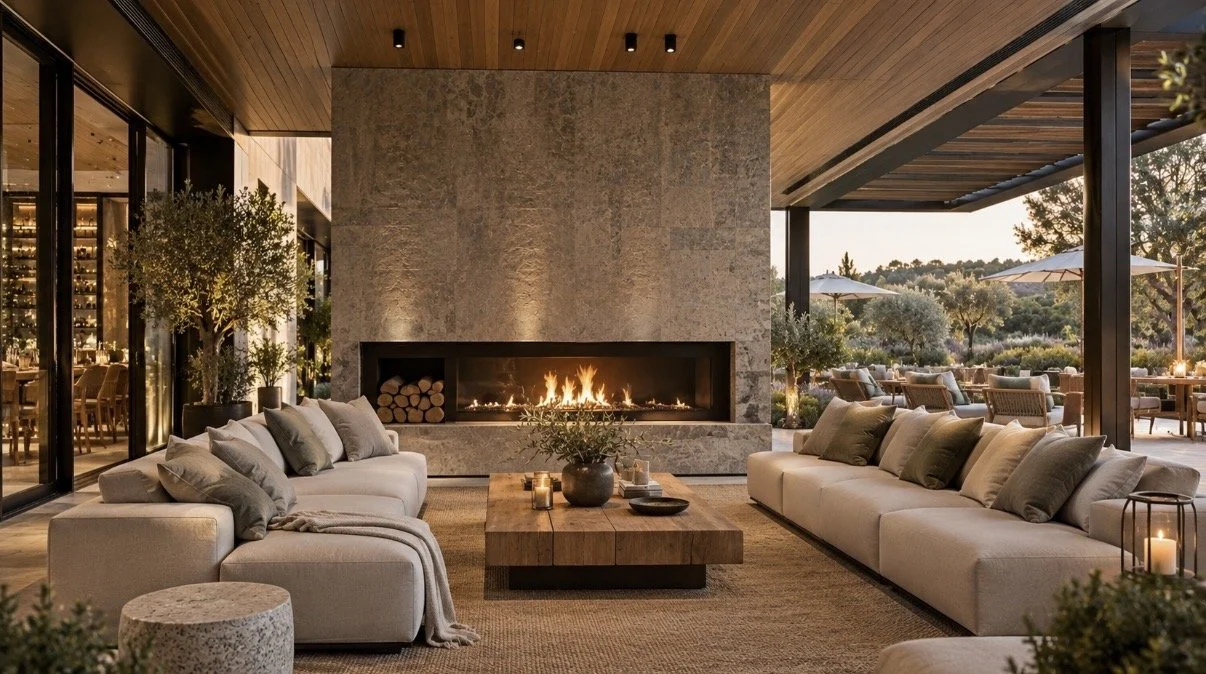 Destination Spa and Restaurant — Outdoor Lounge Design — contemporary covered terrace featuring a dramatic stone fireplace, bespoke lounge seating, natural timber ceilings and expansive openings to the landscaped surroundings. The design combines ref