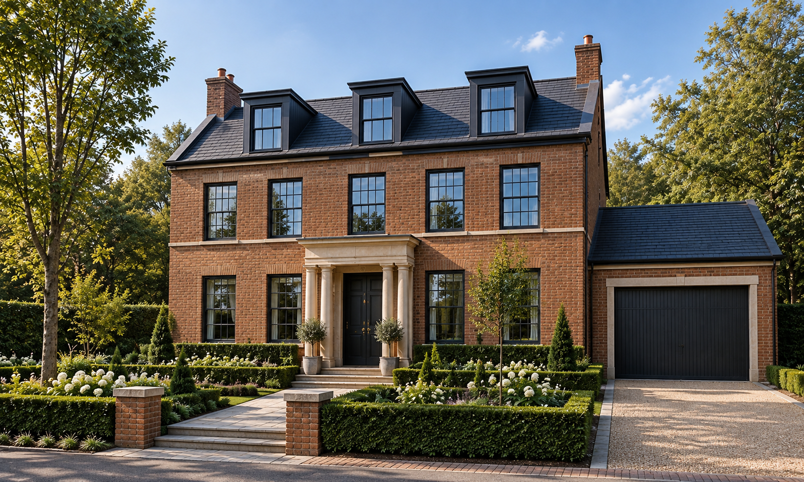 Traditional new-build luxury home in Lancashire, featuring Georgian-inspired architecture, elegant brickwork, landscaped formal gardens and an integrated garage.