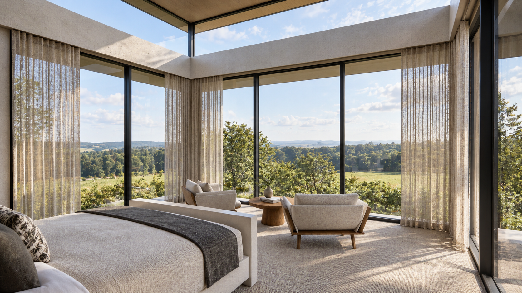 Luxury first-floor bedroom featuring floor-to-ceiling corner glazing, panoramic countryside views, contemporary seating and a dramatic architectural rooflight.