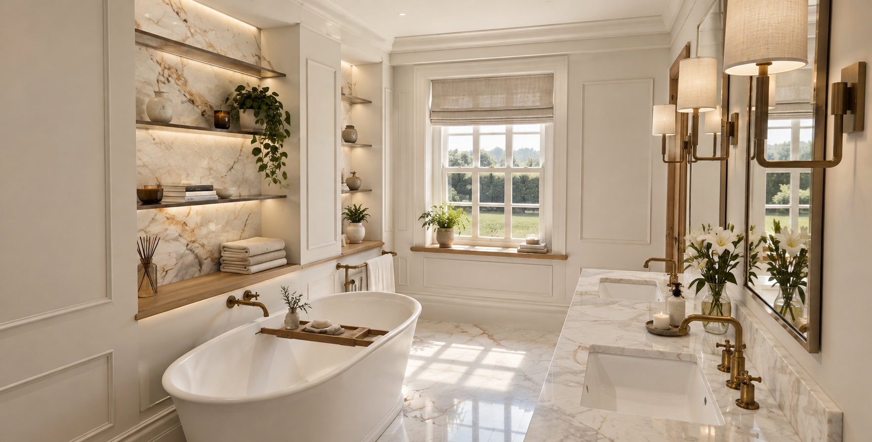 Silver Birches, Islay Road, Lytham — luxury en-suite bathroom featuring a freestanding bath, bespoke vanity units, marble finishes and illuminated shelving.