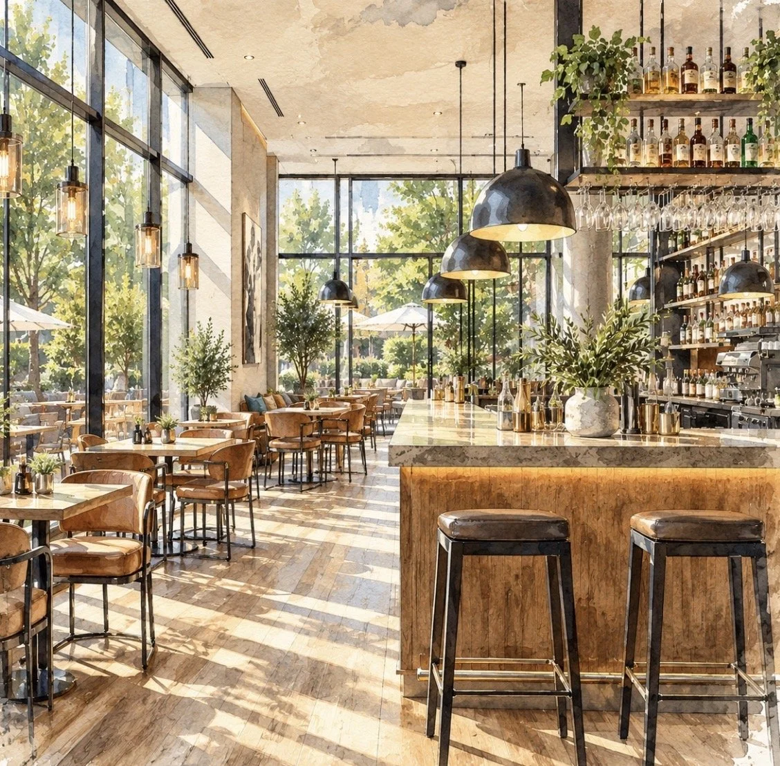 Hotel Coffee Bar and Lounge, Lancashire — contemporary hospitality interior featuring a bespoke timber bar, double-height glazing, feature pendant lighting and relaxed café seating. The design combines natural materials, warm finishes and carefully c