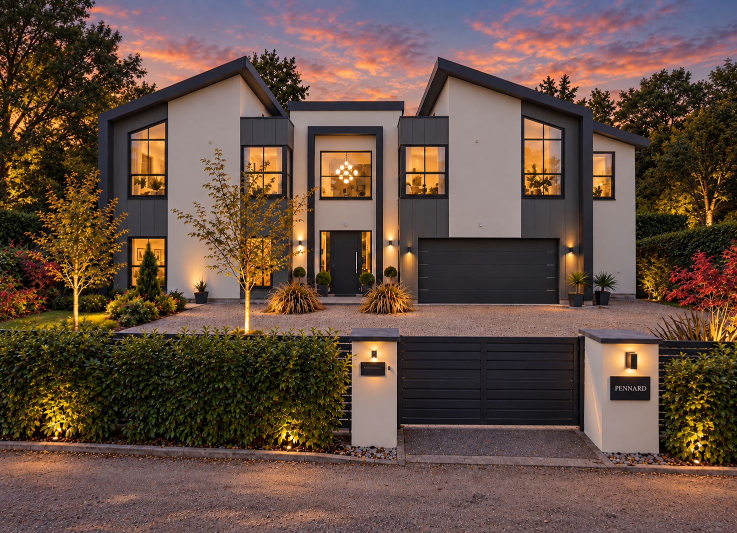 Dusk view of the illuminated front elevation, highlighting the sculptural architecture, architectural lighting and contemporary gated entrance.