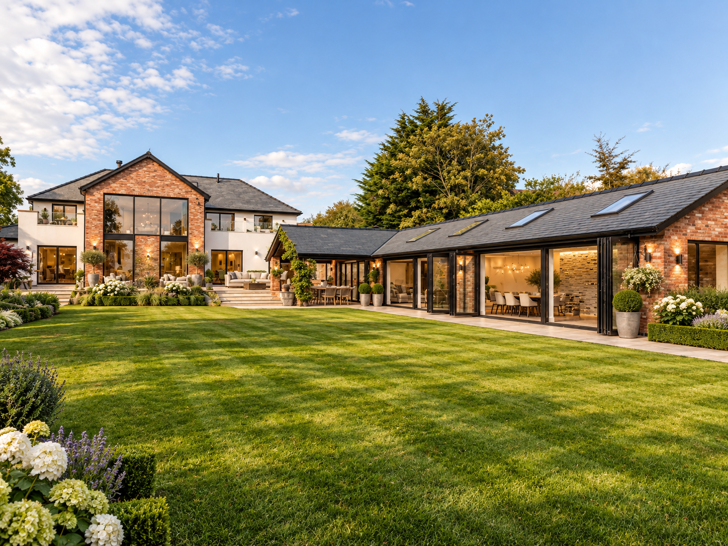 Rear Garden — Extensive landscaped gardens connecting the main residence with the leisure pavilion and swimming pool building.