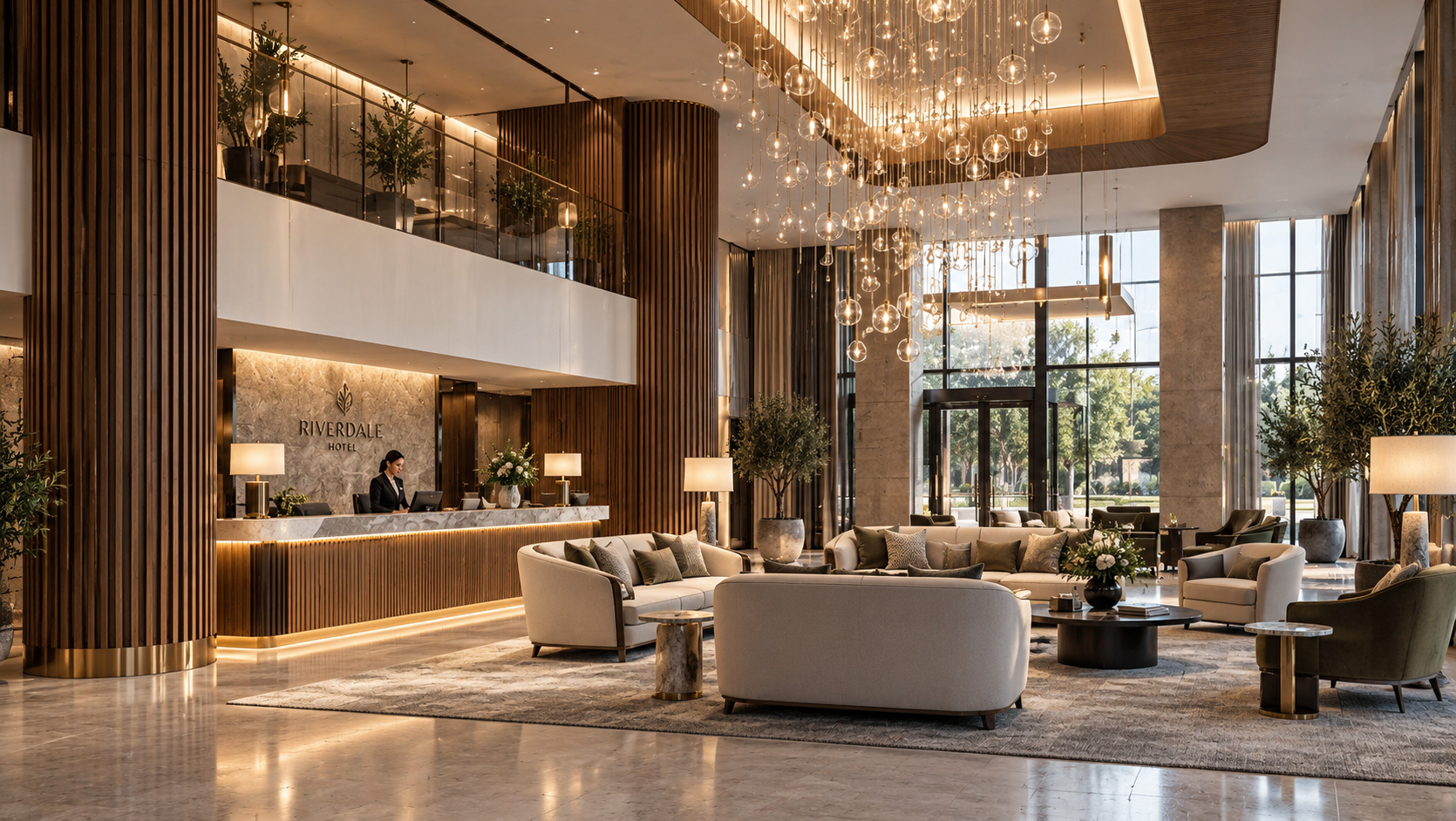 Luxury Hotel Reception and Lobby — Interior Design — contemporary hotel entrance featuring a dramatic double-height reception space, bespoke timber reception desk, sculptural chandelier and elegant lounge seating. Natural materials, architectural lig