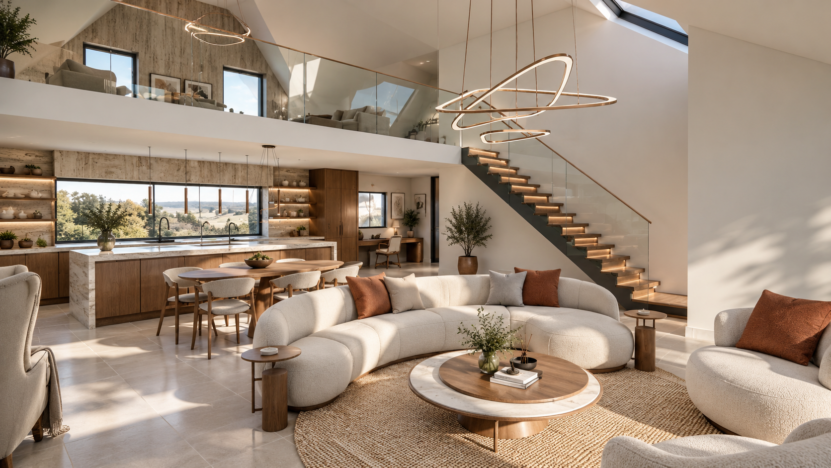 Luxury open-plan lounge, dining and kitchen in Lytham, featuring a double-height living space, mezzanine gallery, floating staircase, bespoke kitchen and contemporary architectural lighting.
