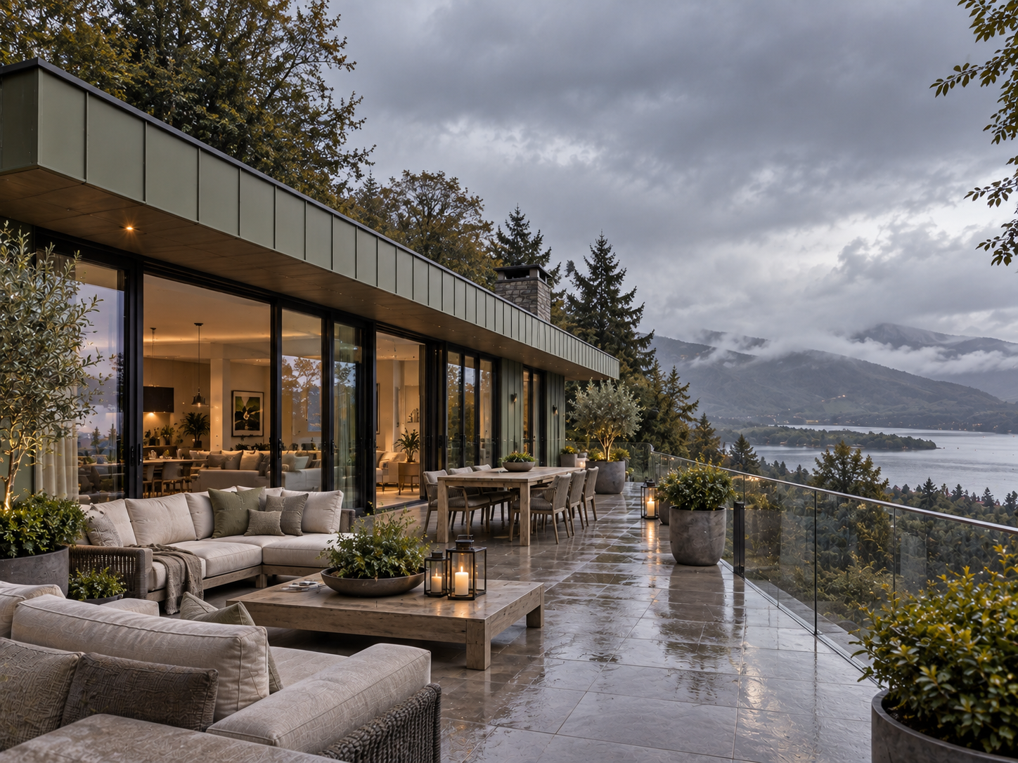 Keldwyth Drive, Windermere — expansive first-floor terrace with glass balustrades, outdoor living areas and panoramic views across Lake Windermere towards the Langdale Fells.