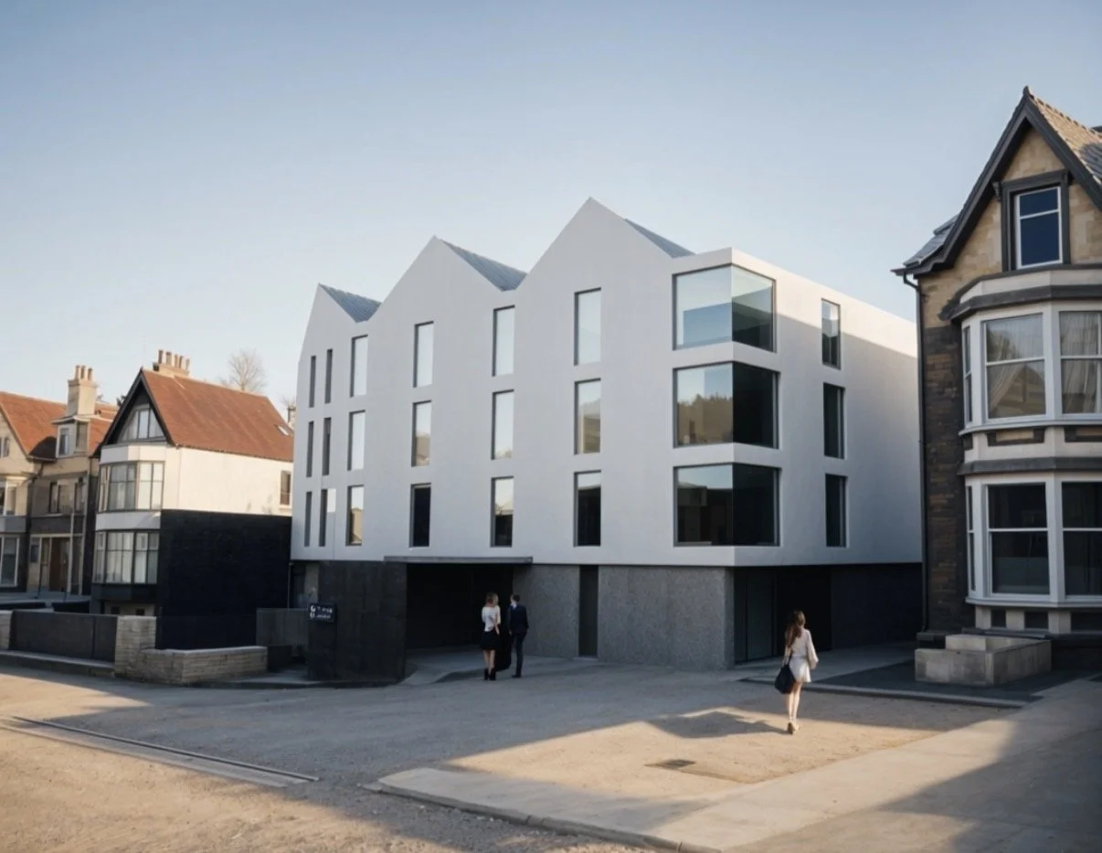 Synagogue Redevelopment — Residential Apartments — Planning permission granted for the redevelopment of the existing synagogue site to provide a new, smaller synagogue alongside contemporary apartments, featuring modern architecture, distinctive pitc