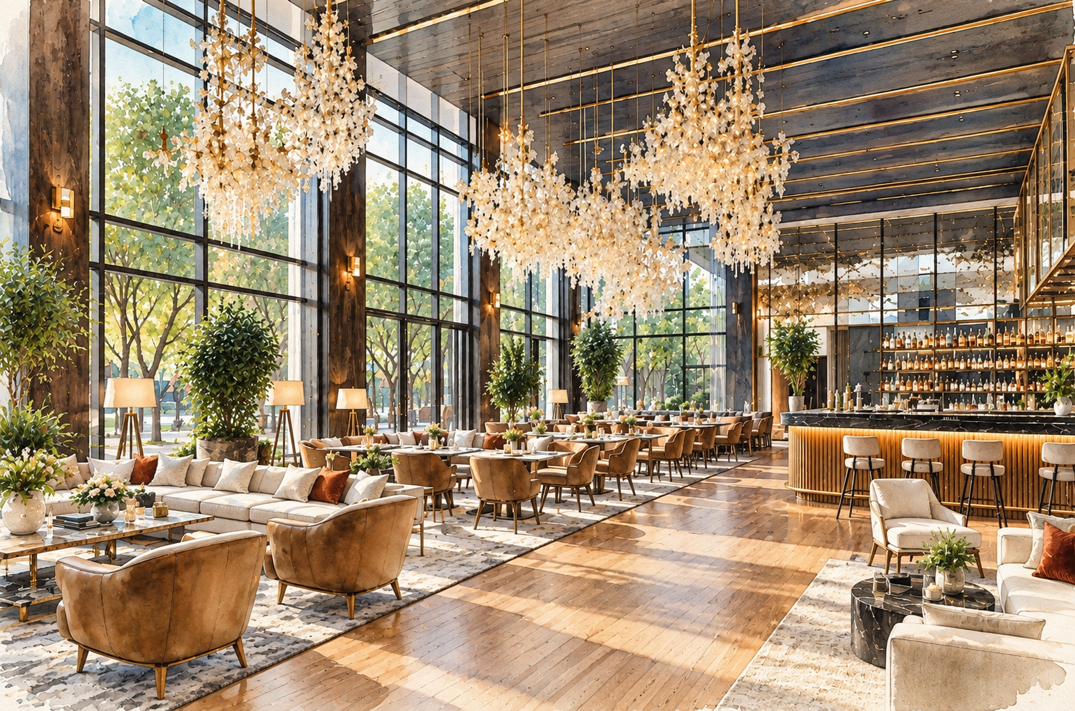 Luxury Hotel Restaurant and Bar Interior Design, Lancashire — sophisticated hospitality interior featuring a dramatic double-height dining space, floor-to-ceiling glazing, statement chandeliers and a bespoke cocktail bar. The design combines elegant 