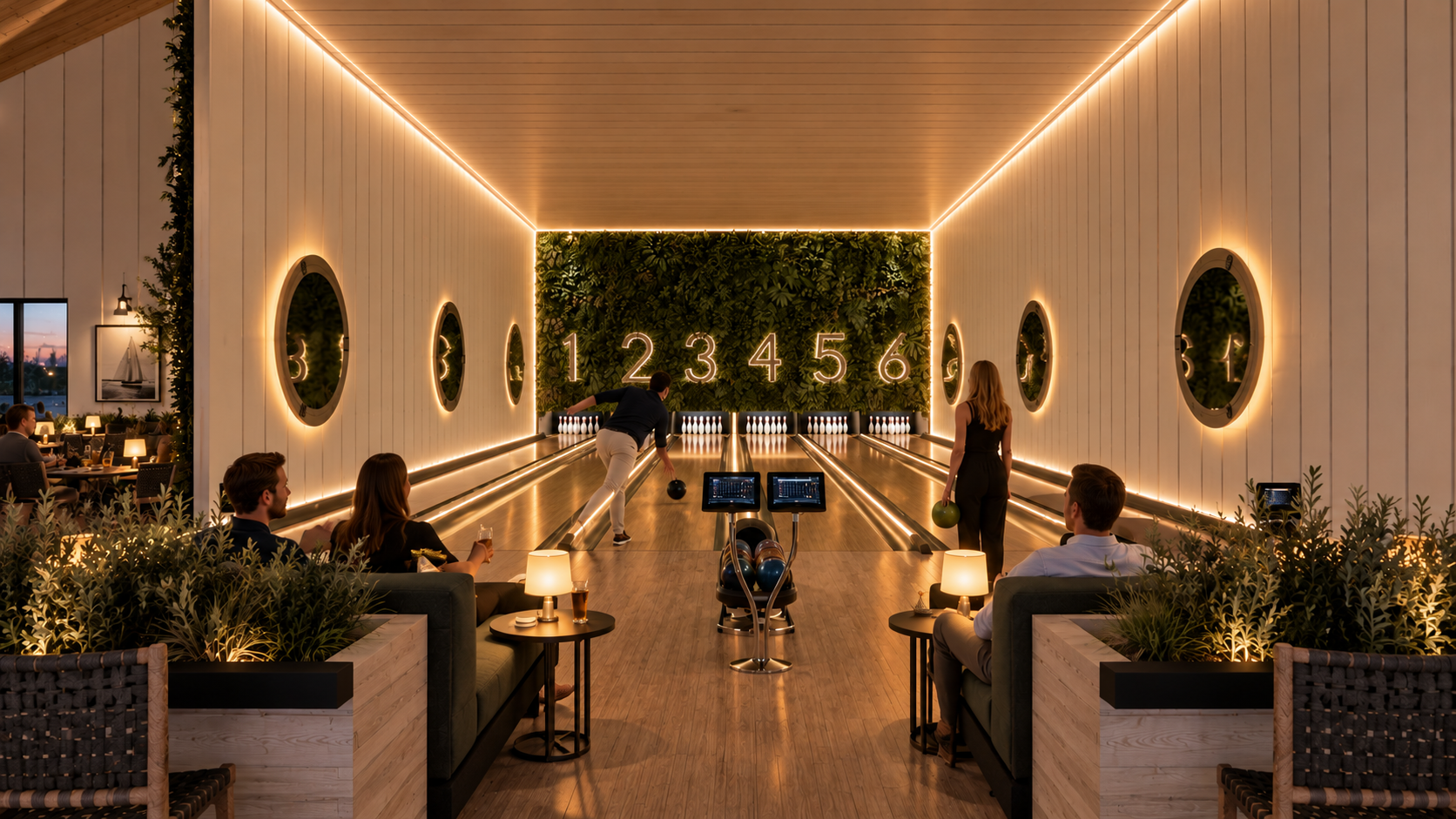 Contemporary six-lane bowling area adjoining the family sports bar, featuring comfortable seating, warm architectural lighting and integrated landscaping. Designed for relaxed family entertainment and social gatherings.
