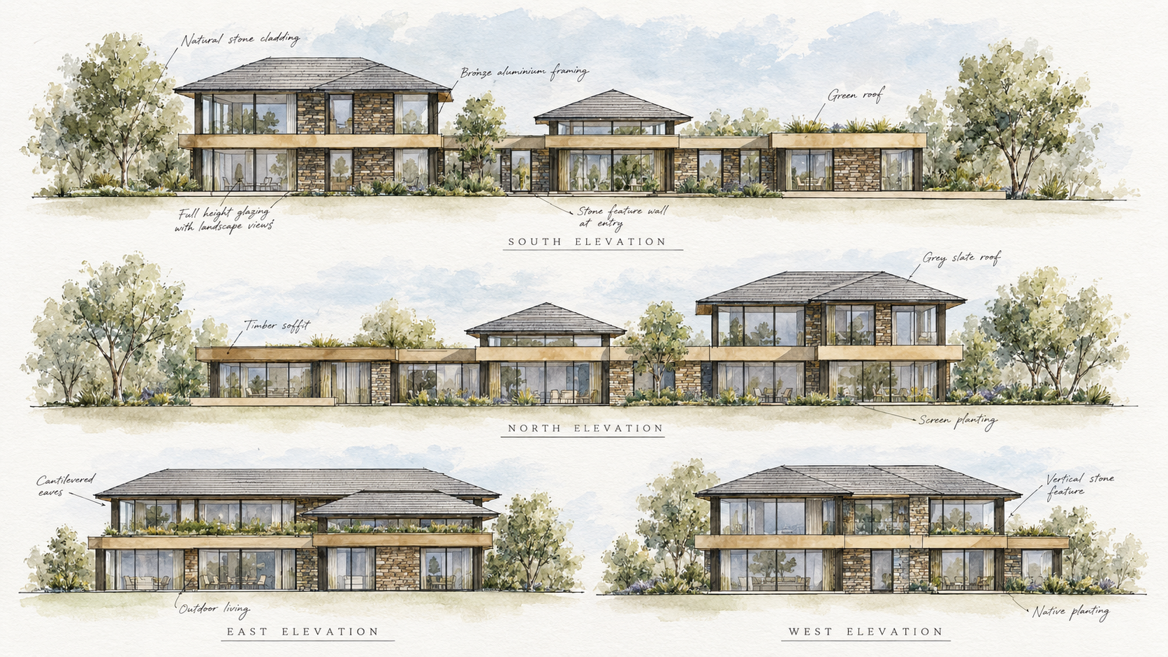 Architectural sketch elevations of Bankfield, Poolfoot Lane, Singleton, Lancashire, a bespoke new-build country house designed by Chartered Architect Joel Firth. The drawings illustrate the composition of low horizontal wings, two-storey pavilion for