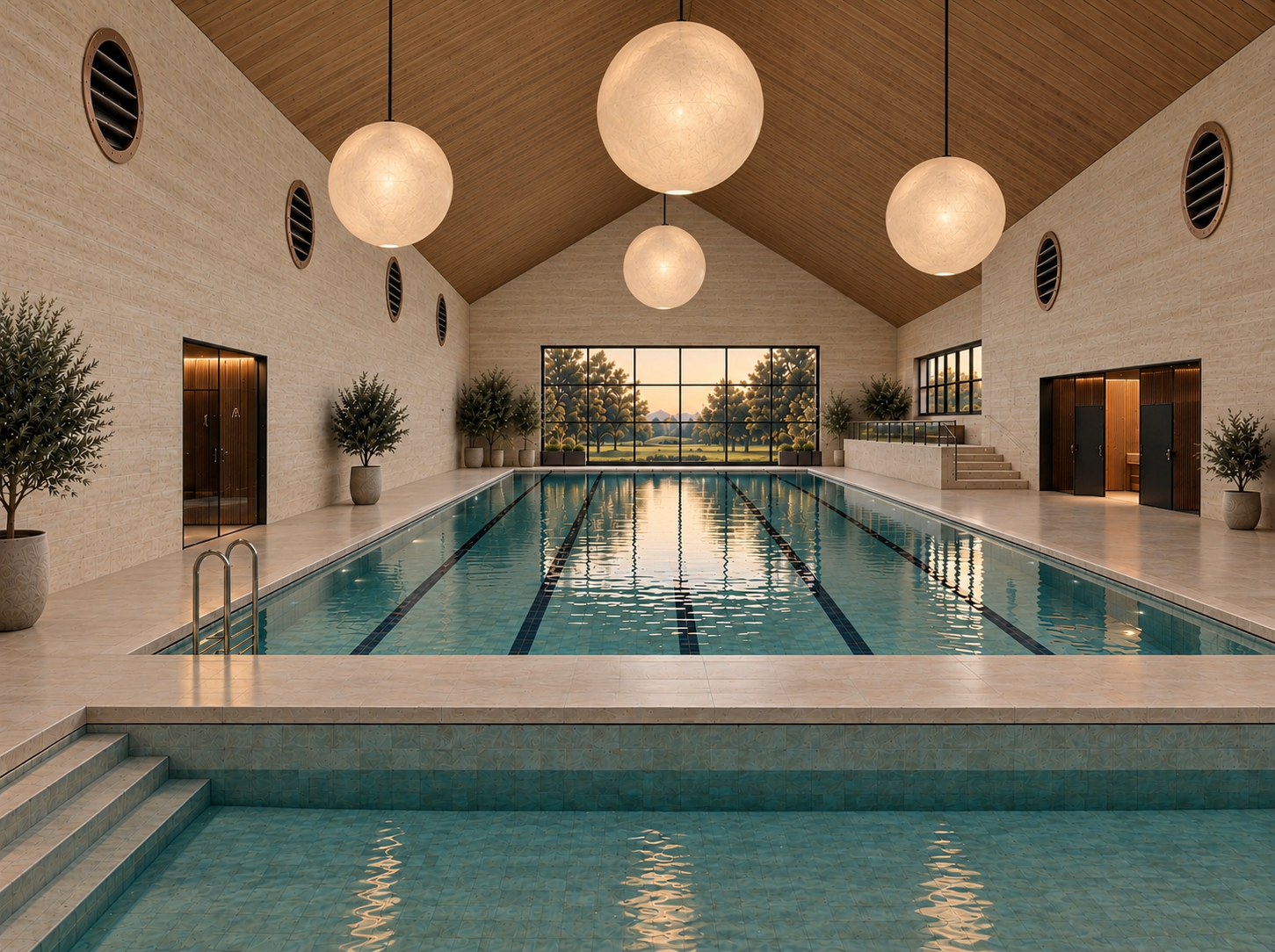 Contemporary leisure centre swimming pool featuring a vaulted timber ceiling, full-length lap pool, separate shallow pool, sculptural pendant lighting and expansive glazing overlooking the landscape.