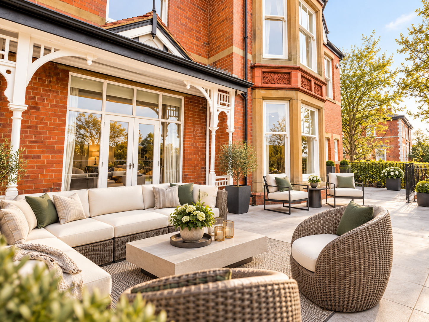 Front Garden Terrace — Elegant outdoor seating area overlooking the landscaped gardens, with direct access to the main reception rooms.