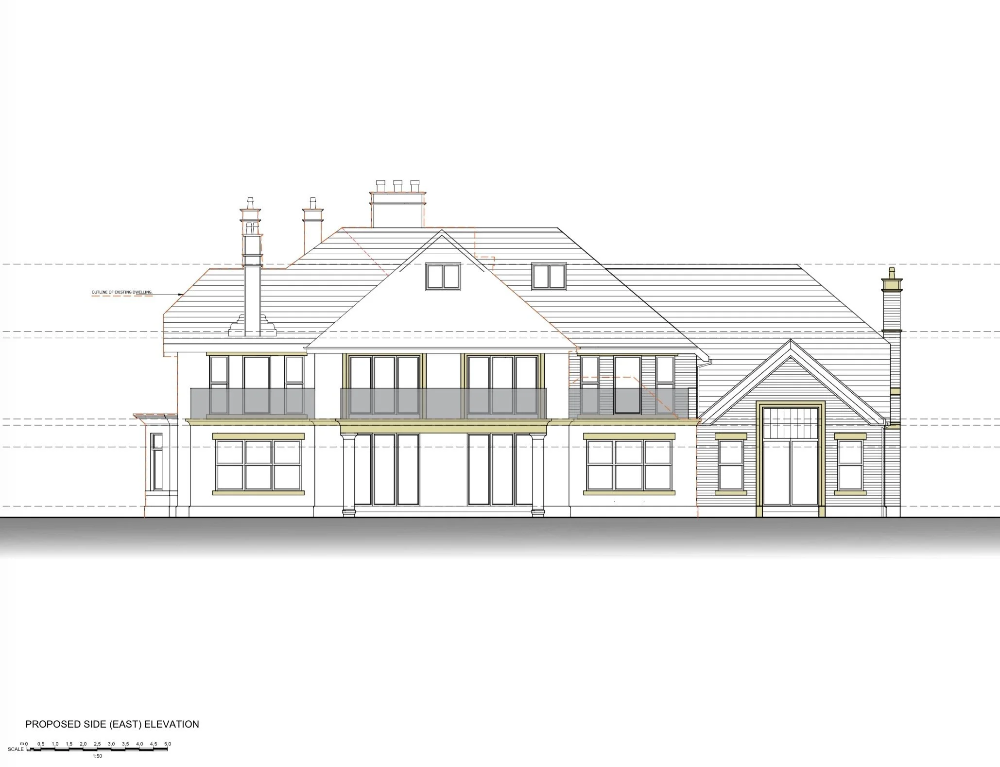 Thirlmere, Moss House Lane, Wrea Green, Lancashire — Proposed Garden Elevation — Architectural planning drawing showing the remodelled garden-facing elevation, incorporating extensive glazing, first-floor balconies and a landscaped terrace, connectin